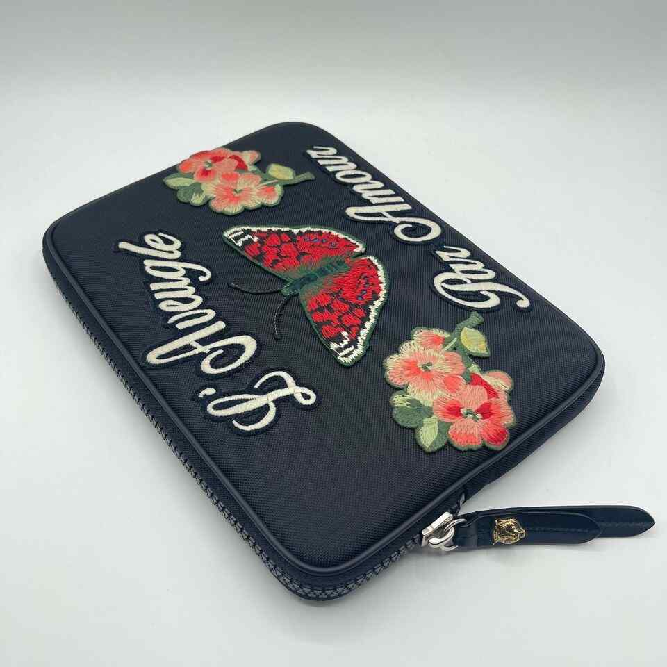 Gucci Black Techno Canvas Embroidered Butterfly iPad Case Clutch Bag
