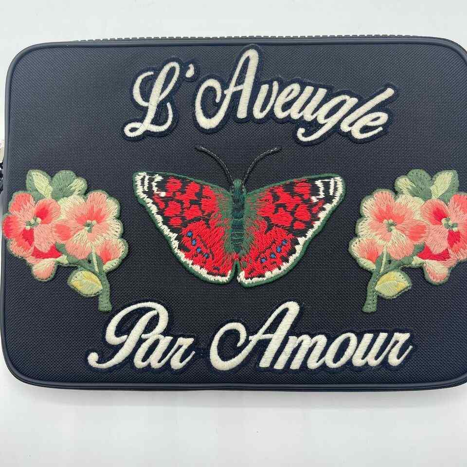 Gucci Black Techno Canvas Embroidered Butterfly iPad Case Clutch Bag