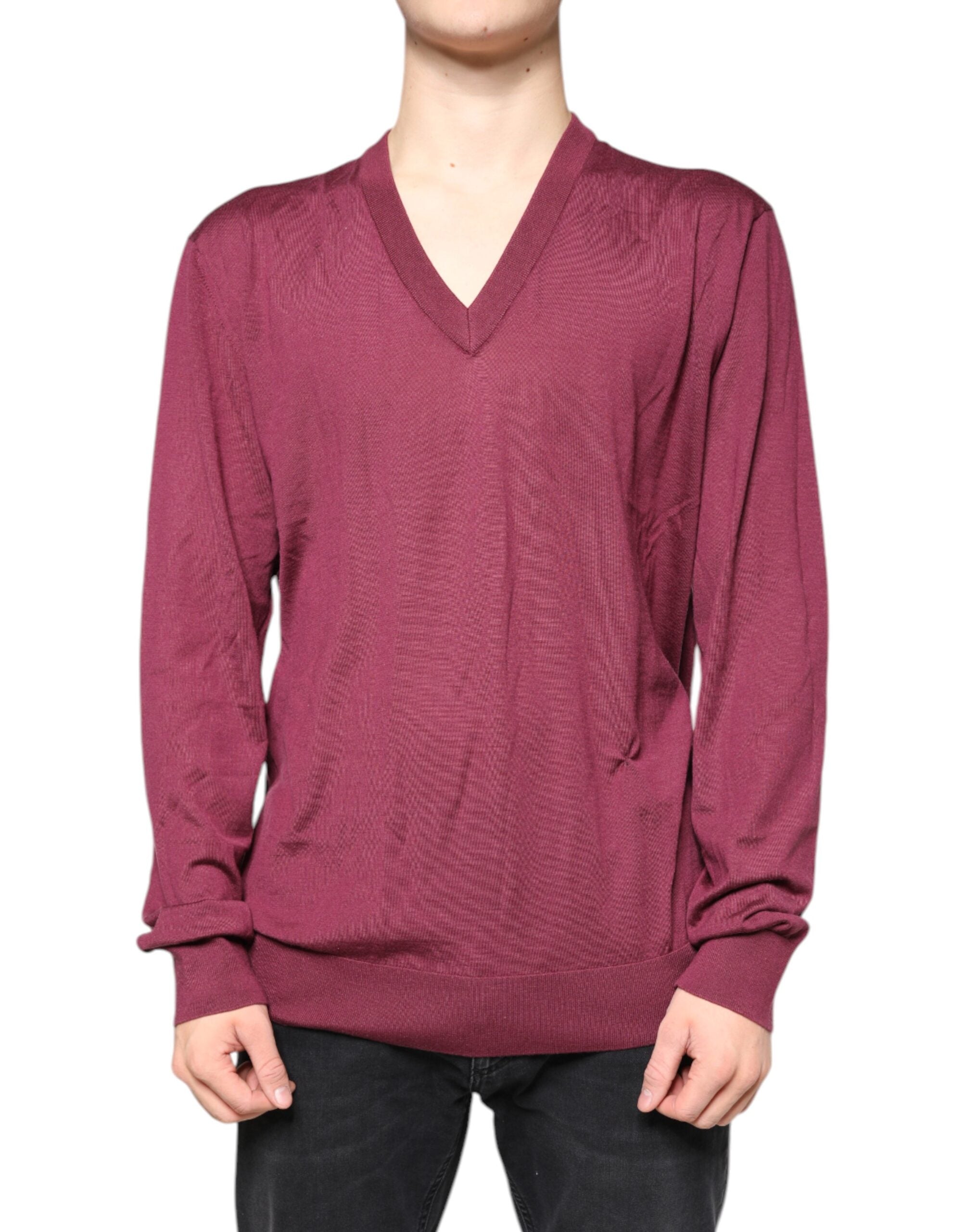 Dolce & Gabbana Maroon Cashmere V-neck Men Pullover Men's Sweater (Pre-Owned)