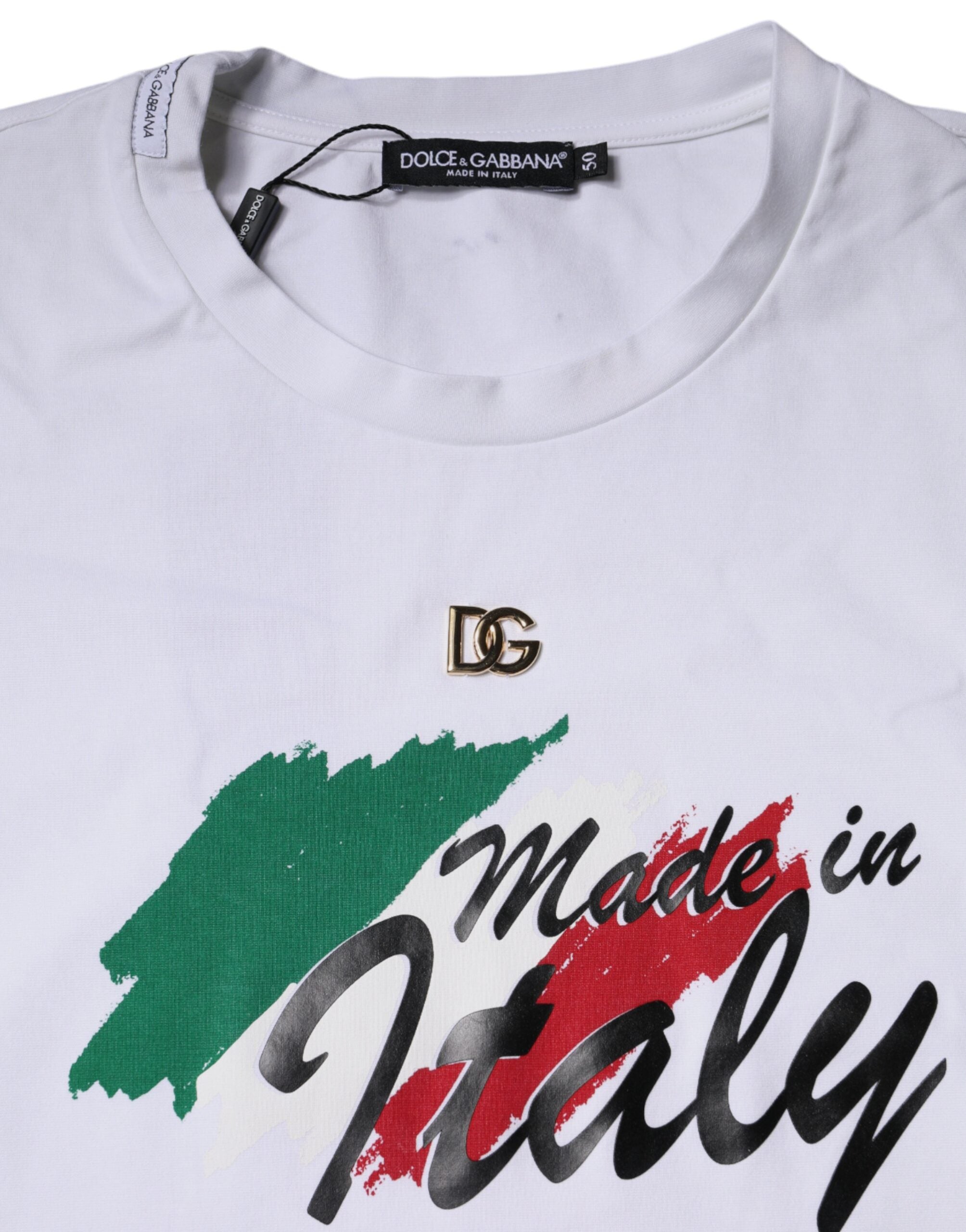 Dolce & Gabbana White Graphic Print Cotton Crew Neck Men's T-shirt (Pre-Owned)