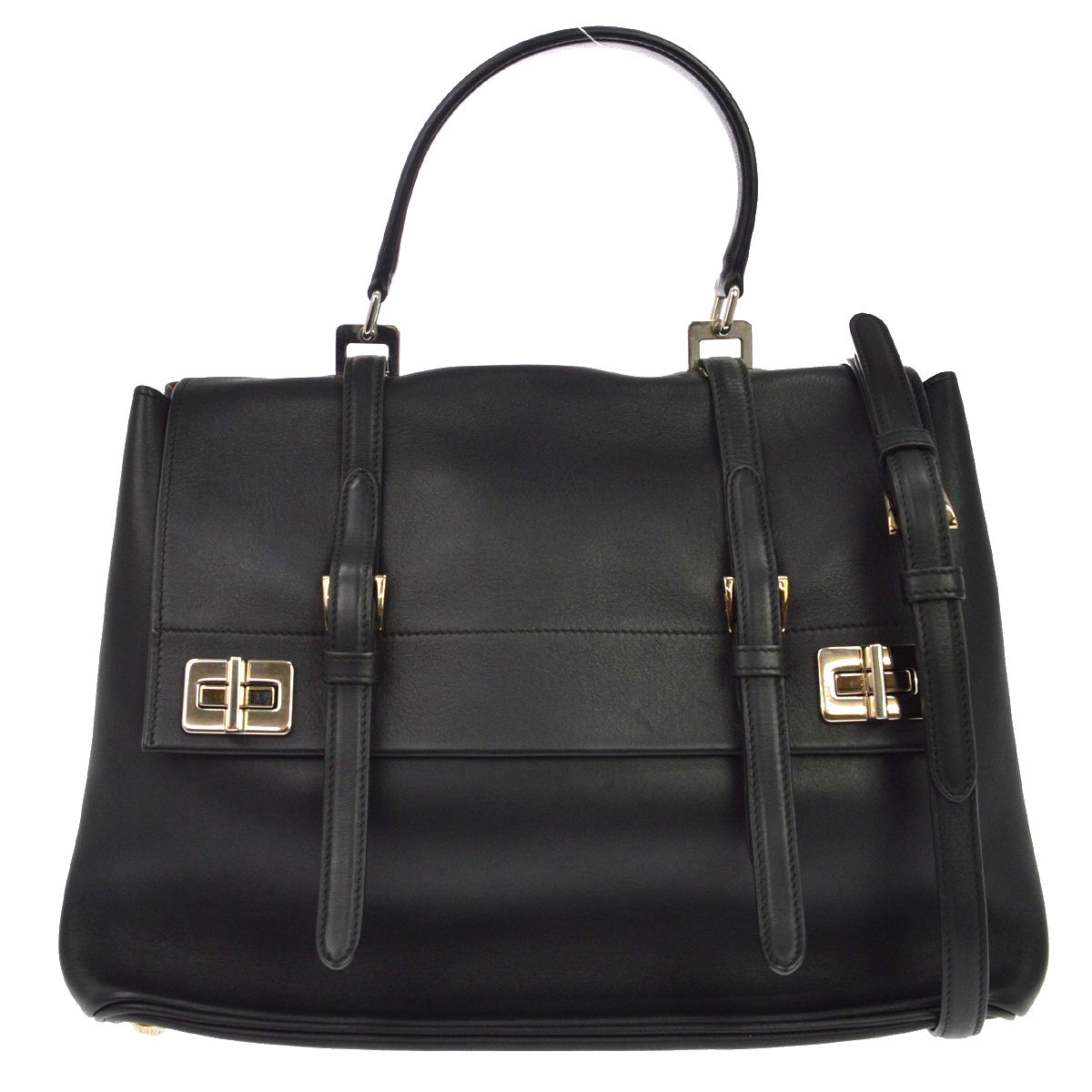 Prada Dual Flap Double Turn Lock Satchel City Calfskin Black Leather Handbag (Pre-Owned)
