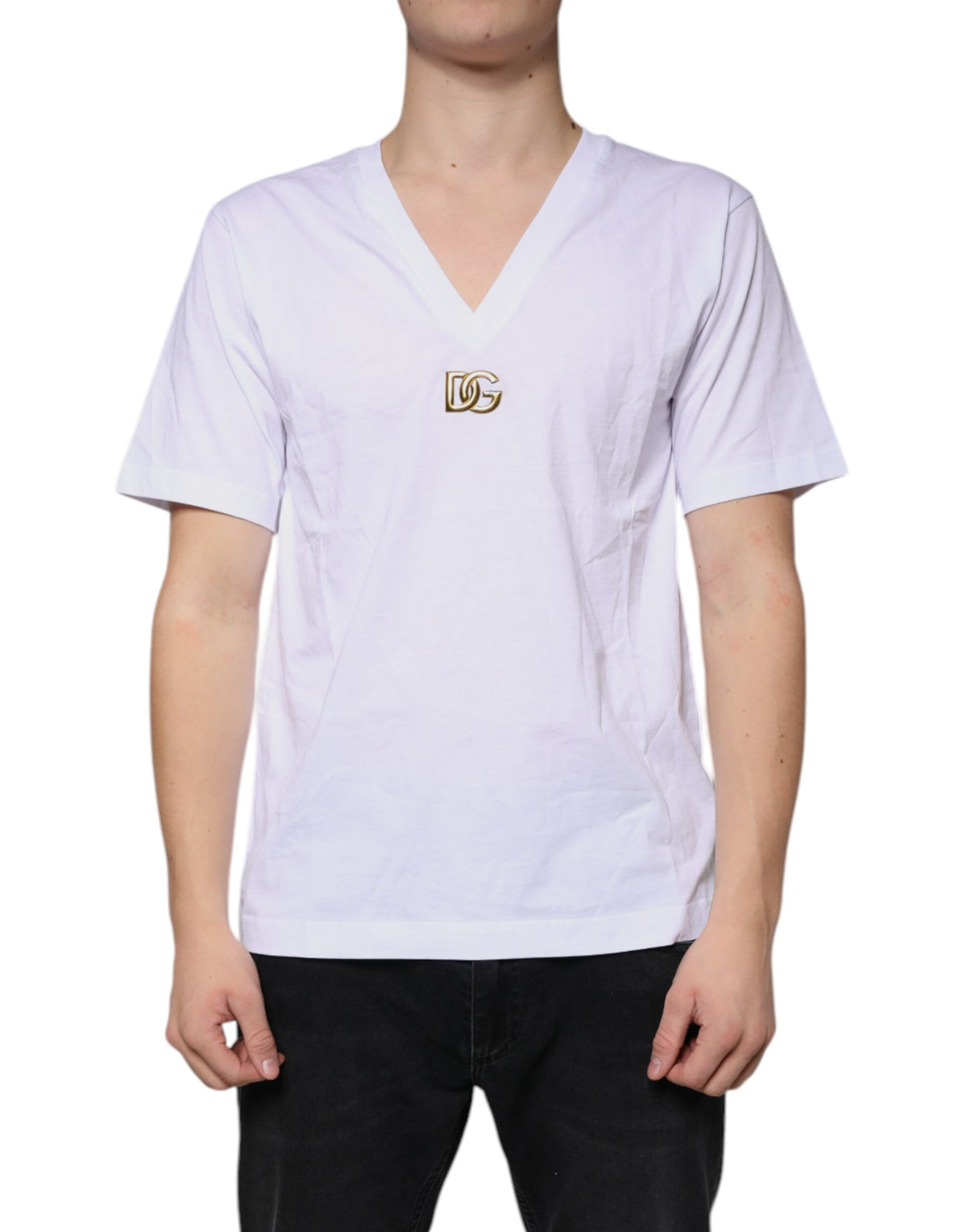 Dolce & Gabbana White Logo Cotton Vneck Short Sleeve Men's T-shirt (Pre-Owned)