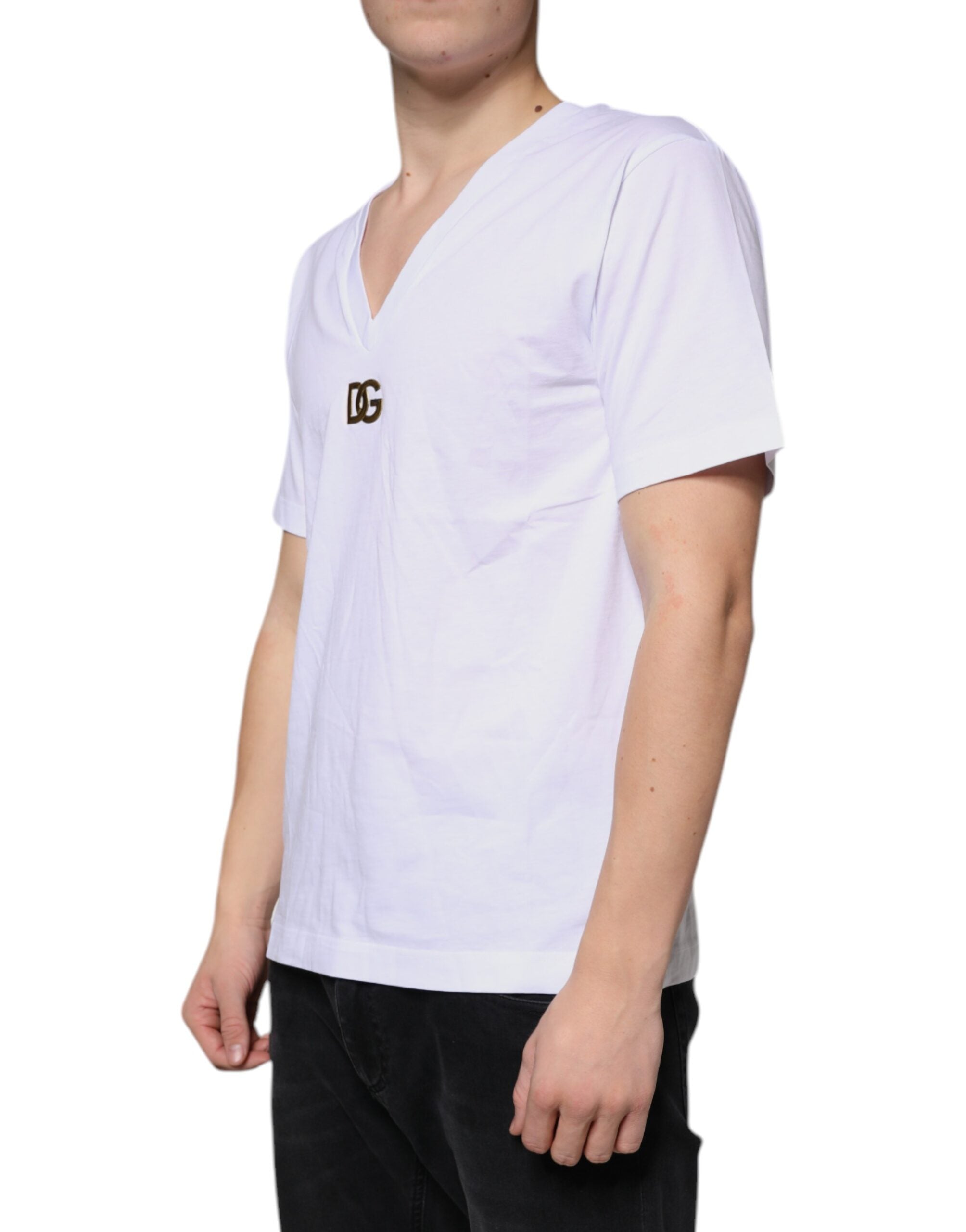 Dolce & Gabbana White Logo Cotton Vneck Short Sleeve Men's T-shirt (Pre-Owned)