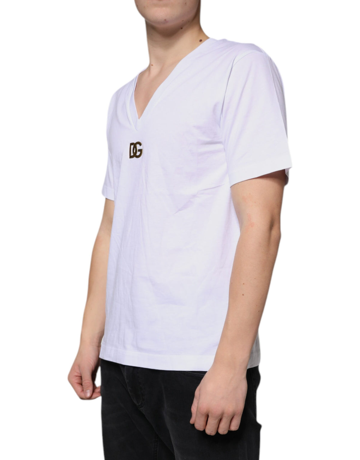 Dolce & Gabbana White Logo Cotton Vneck Short Sleeve Men's T-shirt (Pre-Owned)