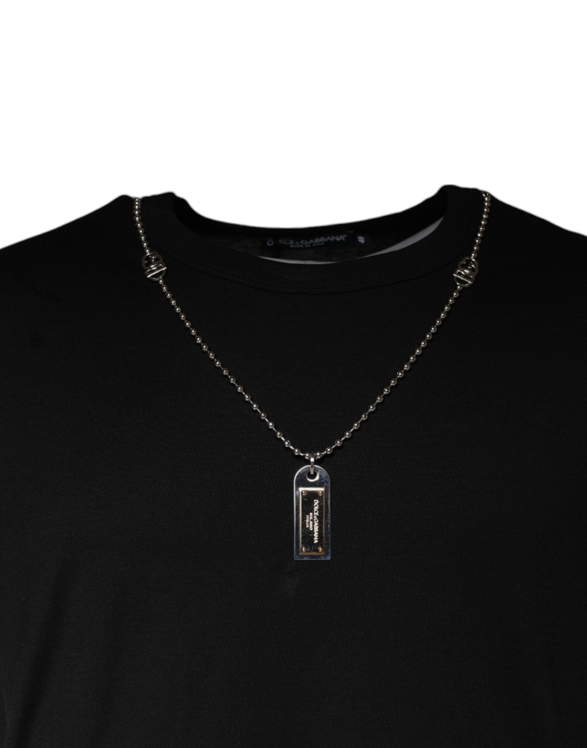 Dolce & Gabbana Black Cotton Necklace Embellished Men's T-shirt