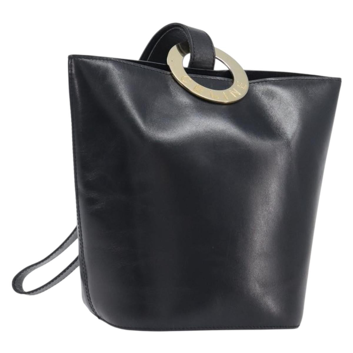 Celine Shoulder Bag Circle Logo Leather Black Leather Shoulder Bag Bag (Pre-Owned)