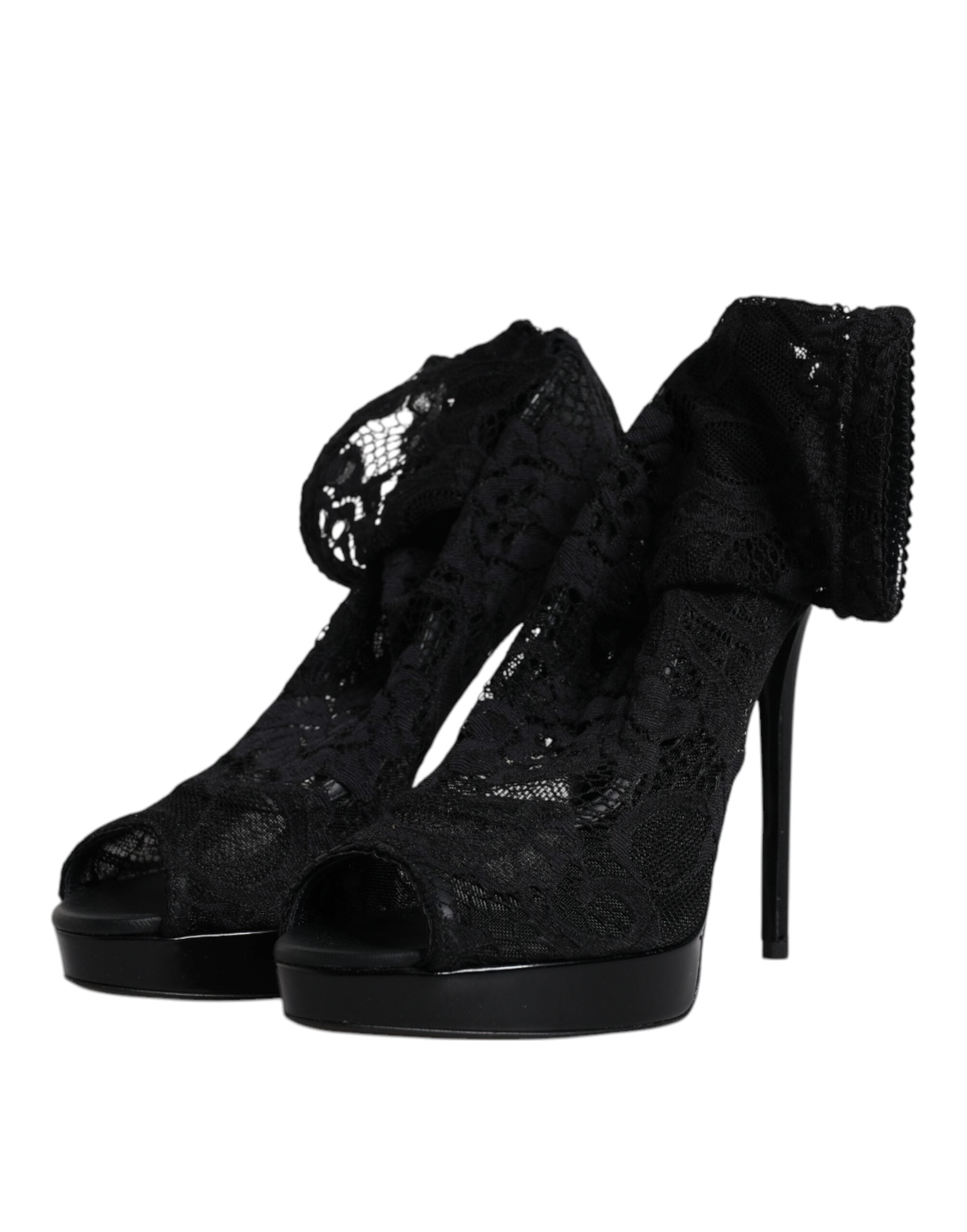 Dolce & Gabbana Black Stretch Taormina Lace Boots Women's Shoes