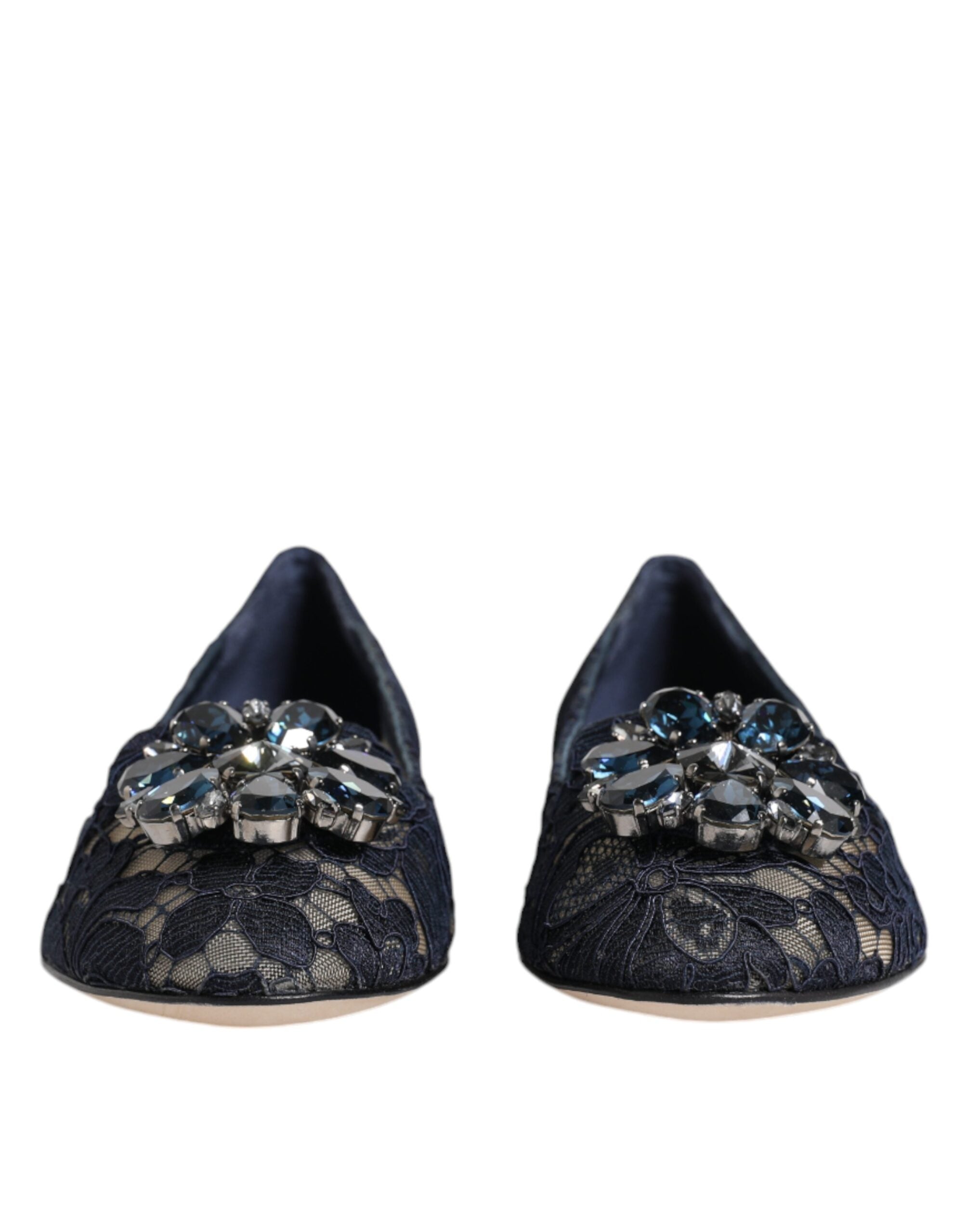 Dolce & Gabbana Blue Taormina Lace Crystals Flats Women's Shoes