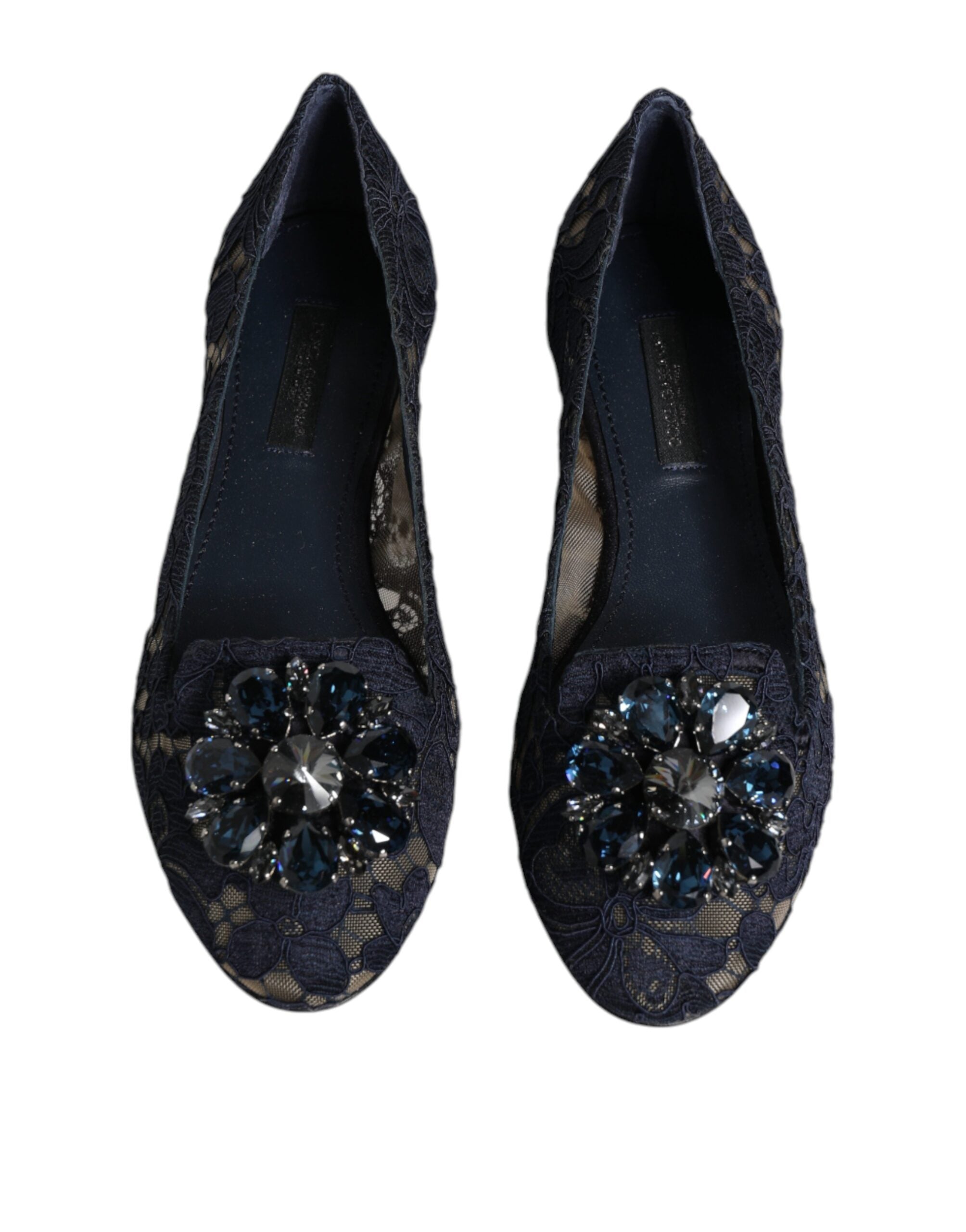 Dolce & Gabbana Blue Taormina Lace Crystals Flats Women's Shoes