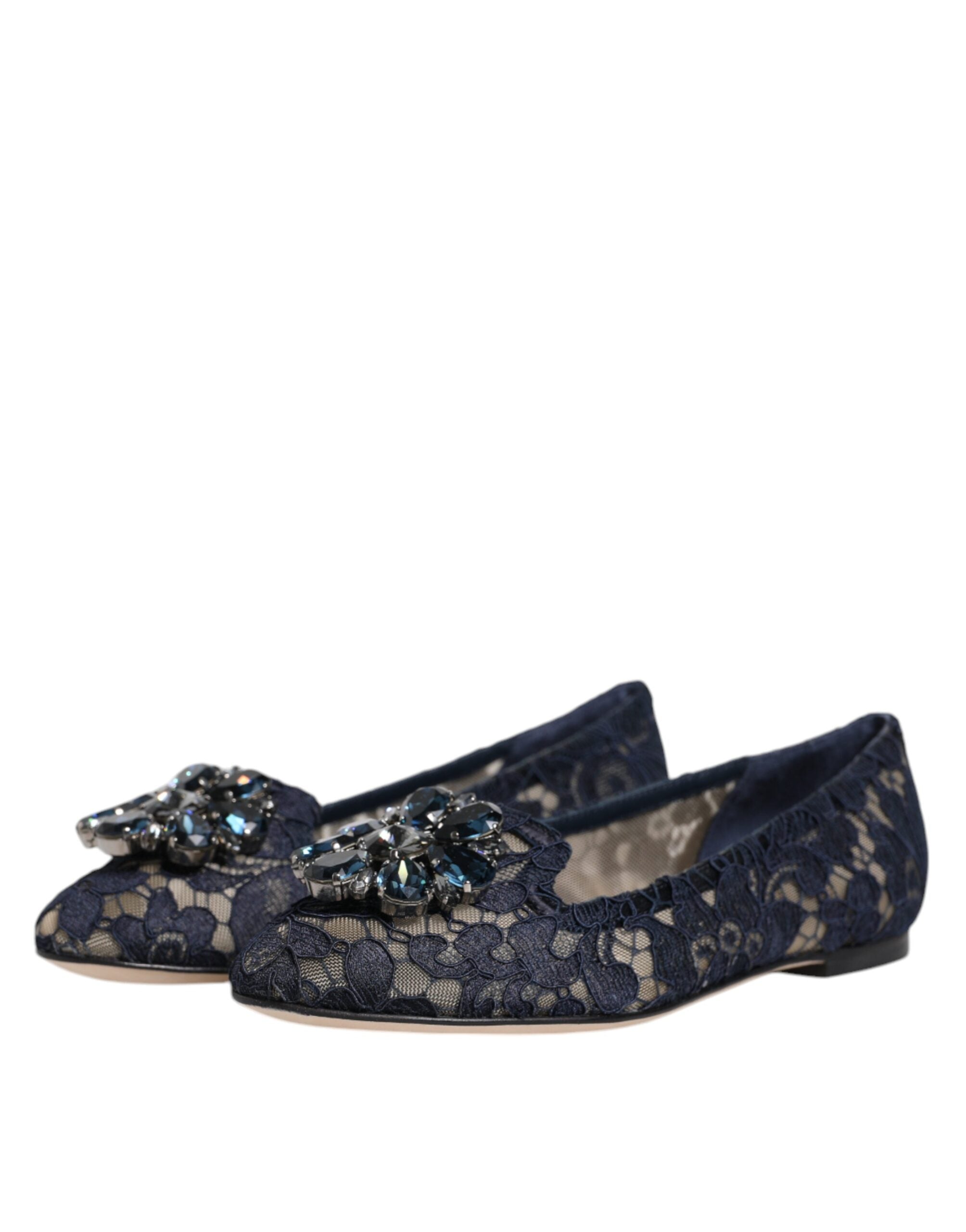 Dolce & Gabbana Blue Taormina Lace Crystals Flats Women's Shoes