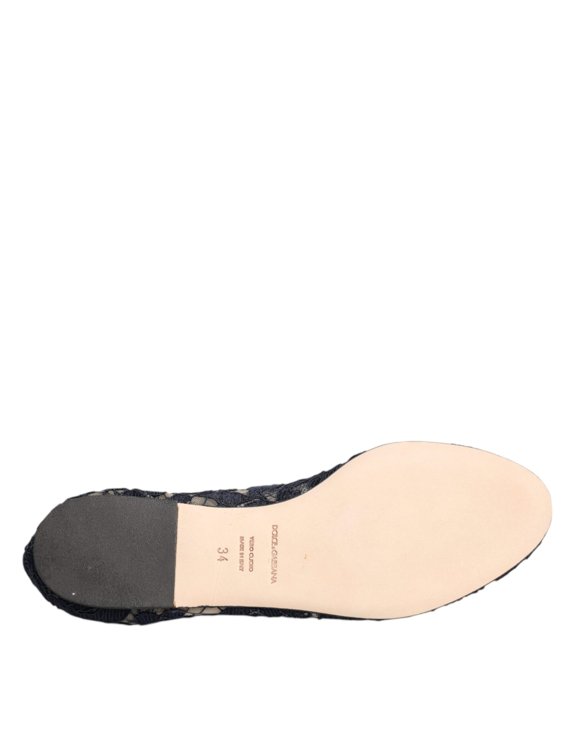 Dolce & Gabbana Blue Taormina Lace Crystals Flats Women's Shoes