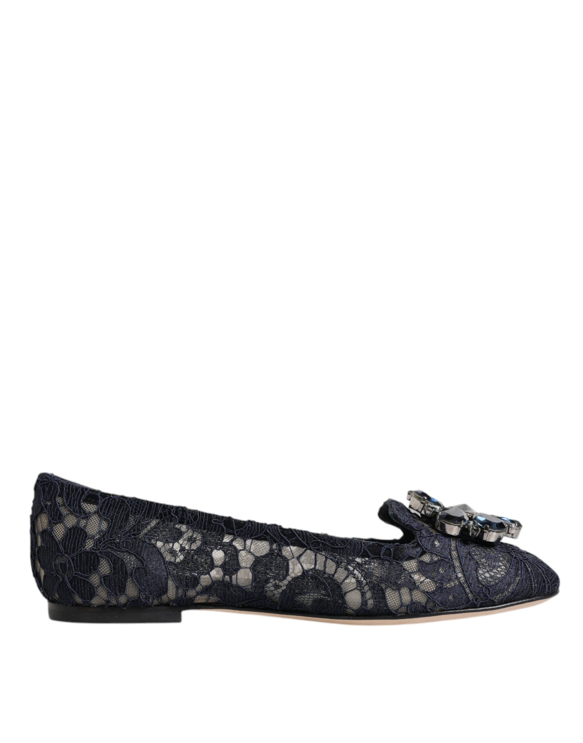 Dolce & Gabbana Blue Taormina Lace Crystals Flats Women's Shoes