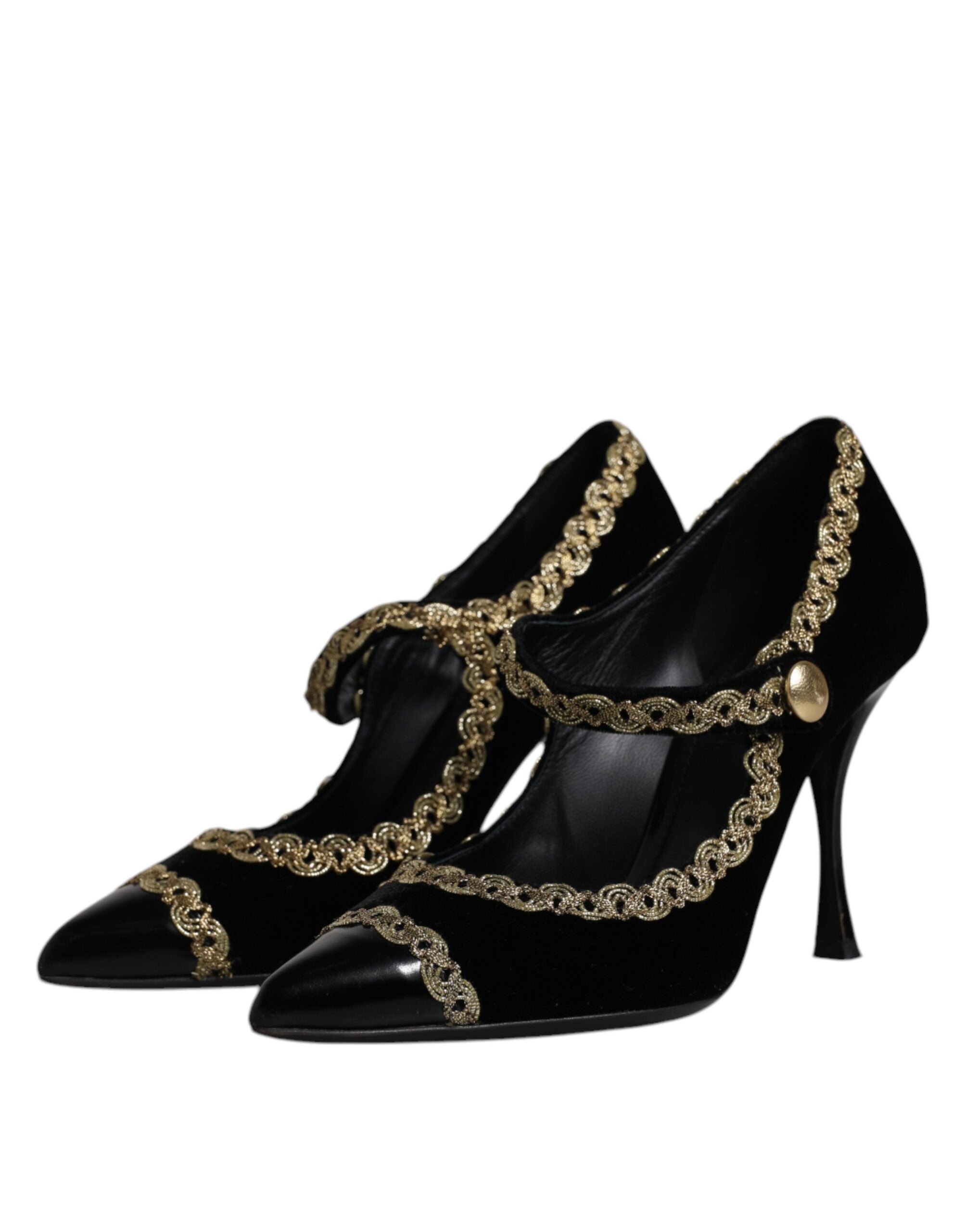 Dolce & Gabbana Black Velvet Gold Mary Janes Pumps Women's Shoes (Pre-Owned)