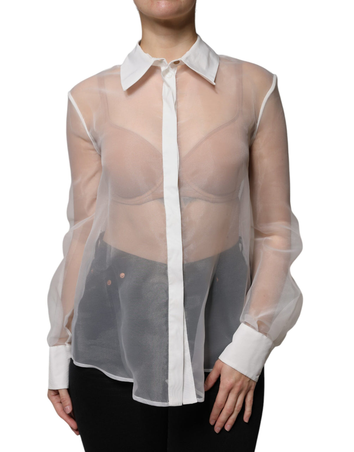 Elisabetta Franchi White Sheer Collared Buttoned Long Sleeves Women's Top (Pre-Owned)