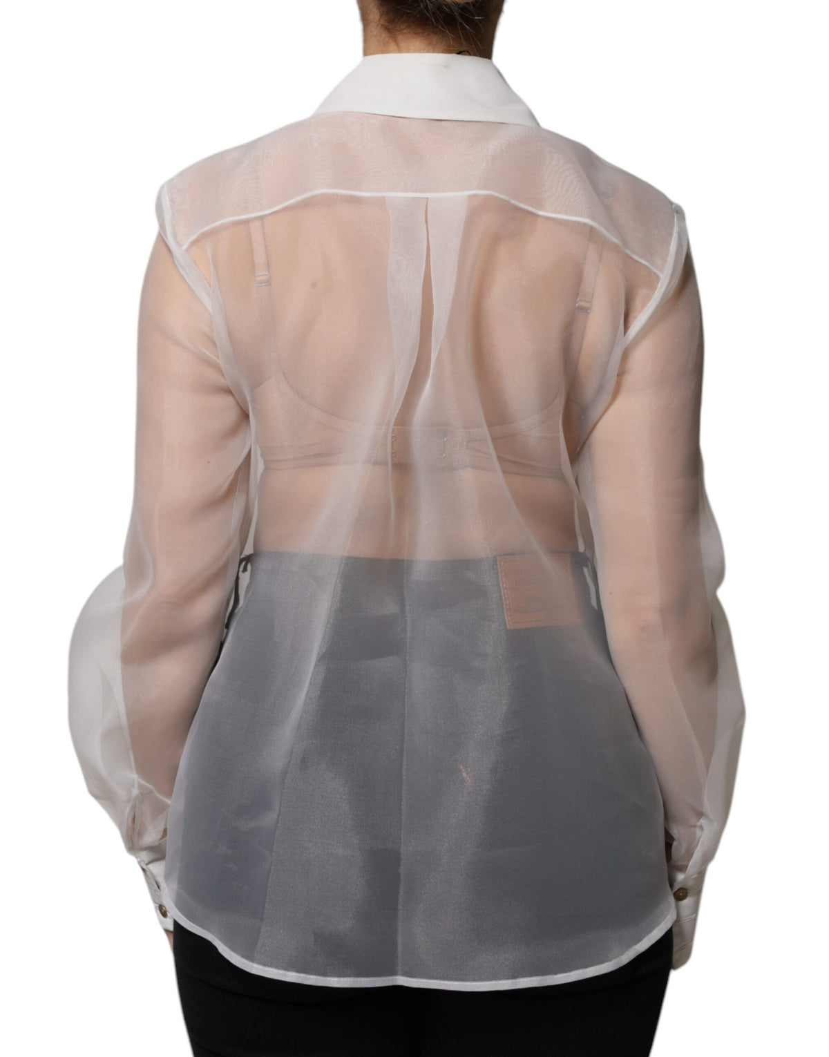 Elisabetta Franchi White Sheer Collared Buttoned Long Sleeves Women's Top (Pre-Owned)