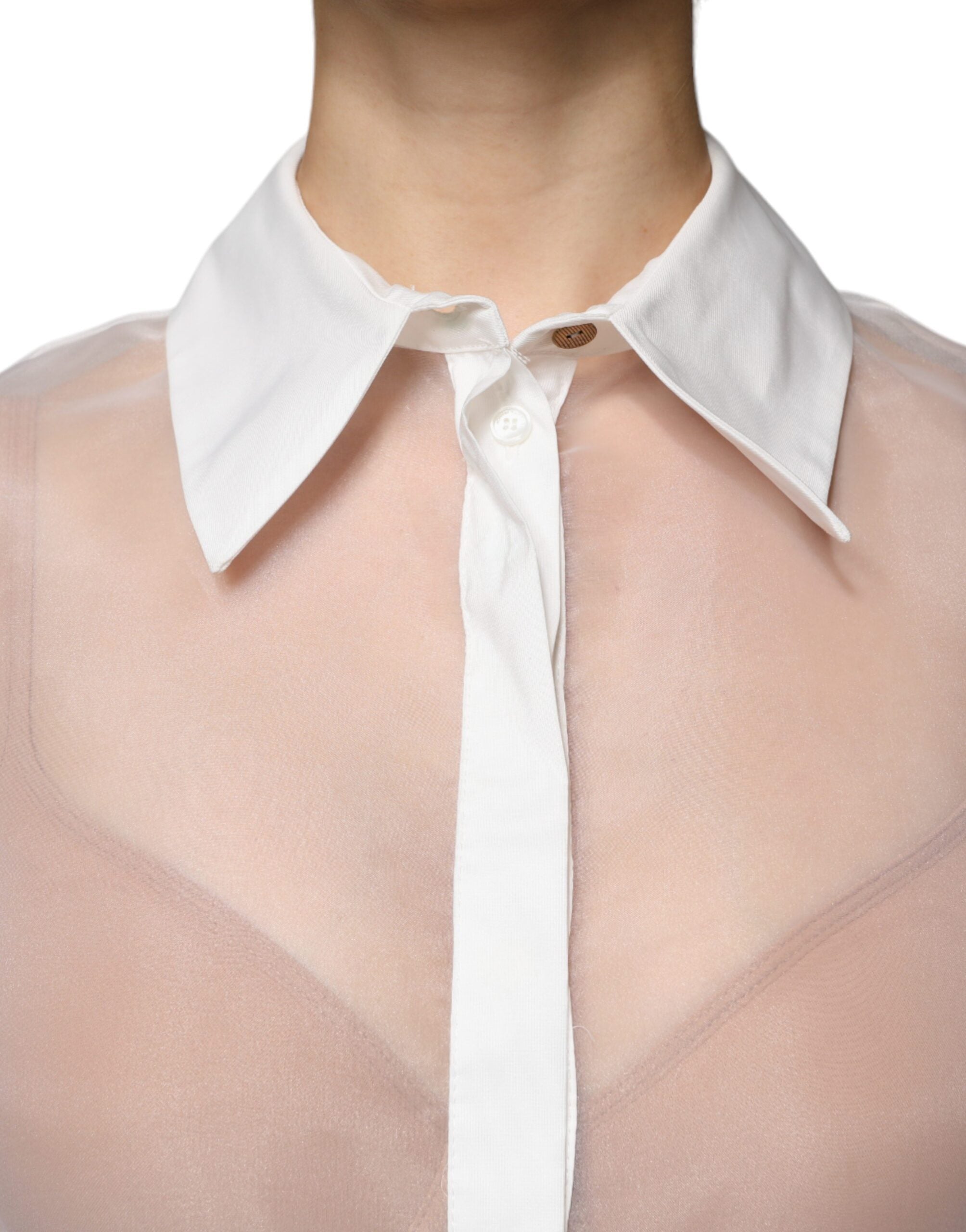 Elisabetta Franchi White Sheer Collared Buttoned Long Sleeves Women's Top (Pre-Owned)