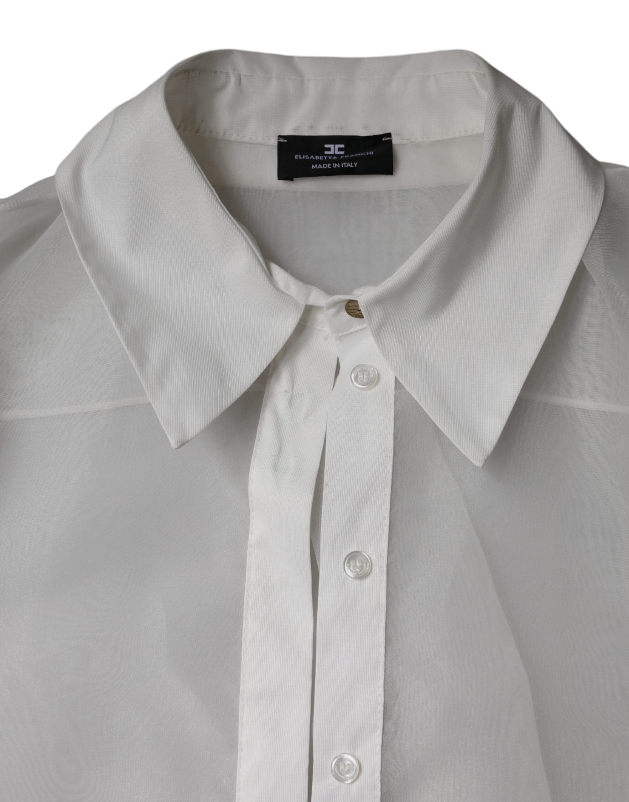 Elisabetta Franchi White Sheer Collared Buttoned Long Sleeves Women's Top (Pre-Owned)