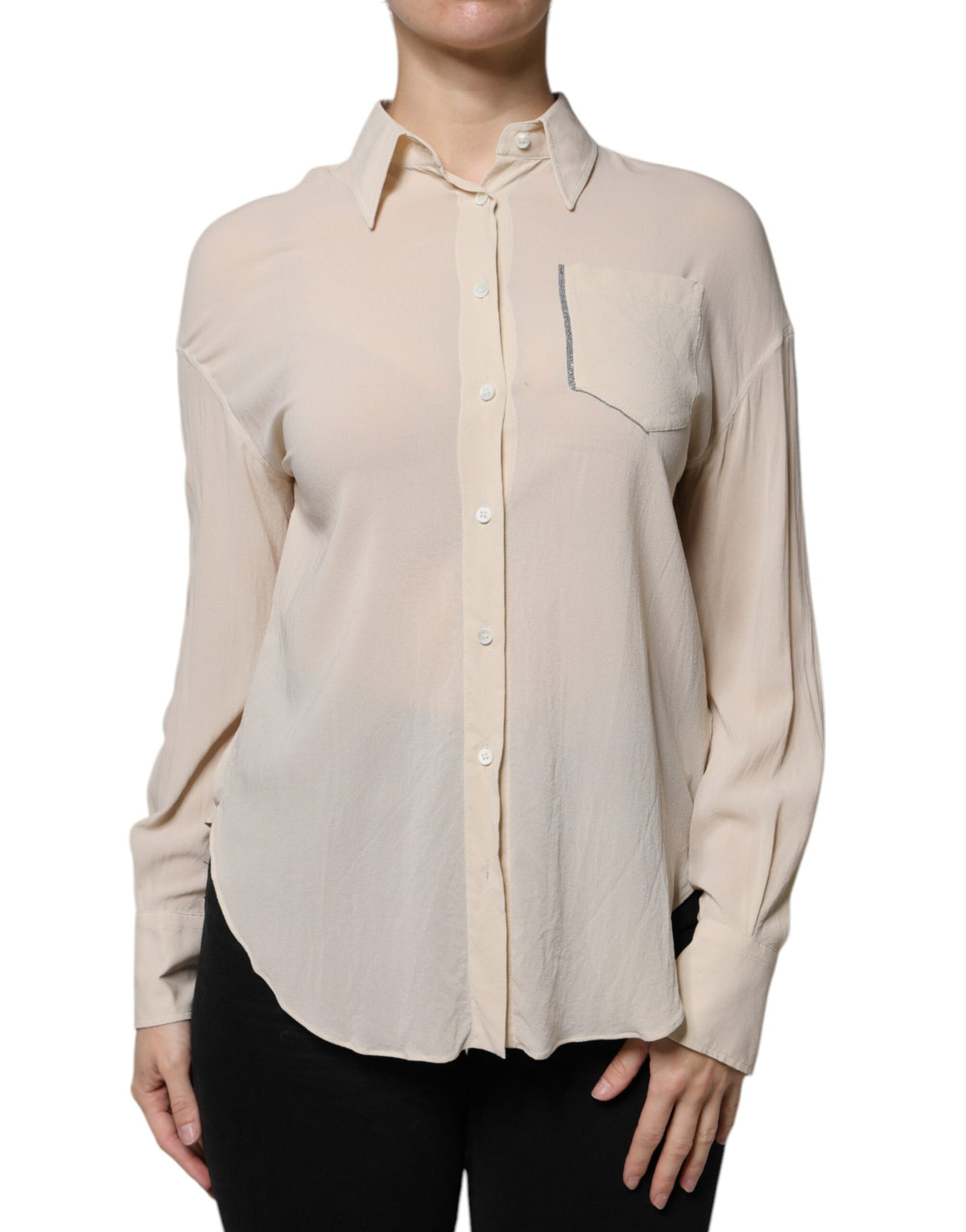 Brunello Cucinelli Beige Silk Blend Collared Button Down Women's Top (Pre-Owned)