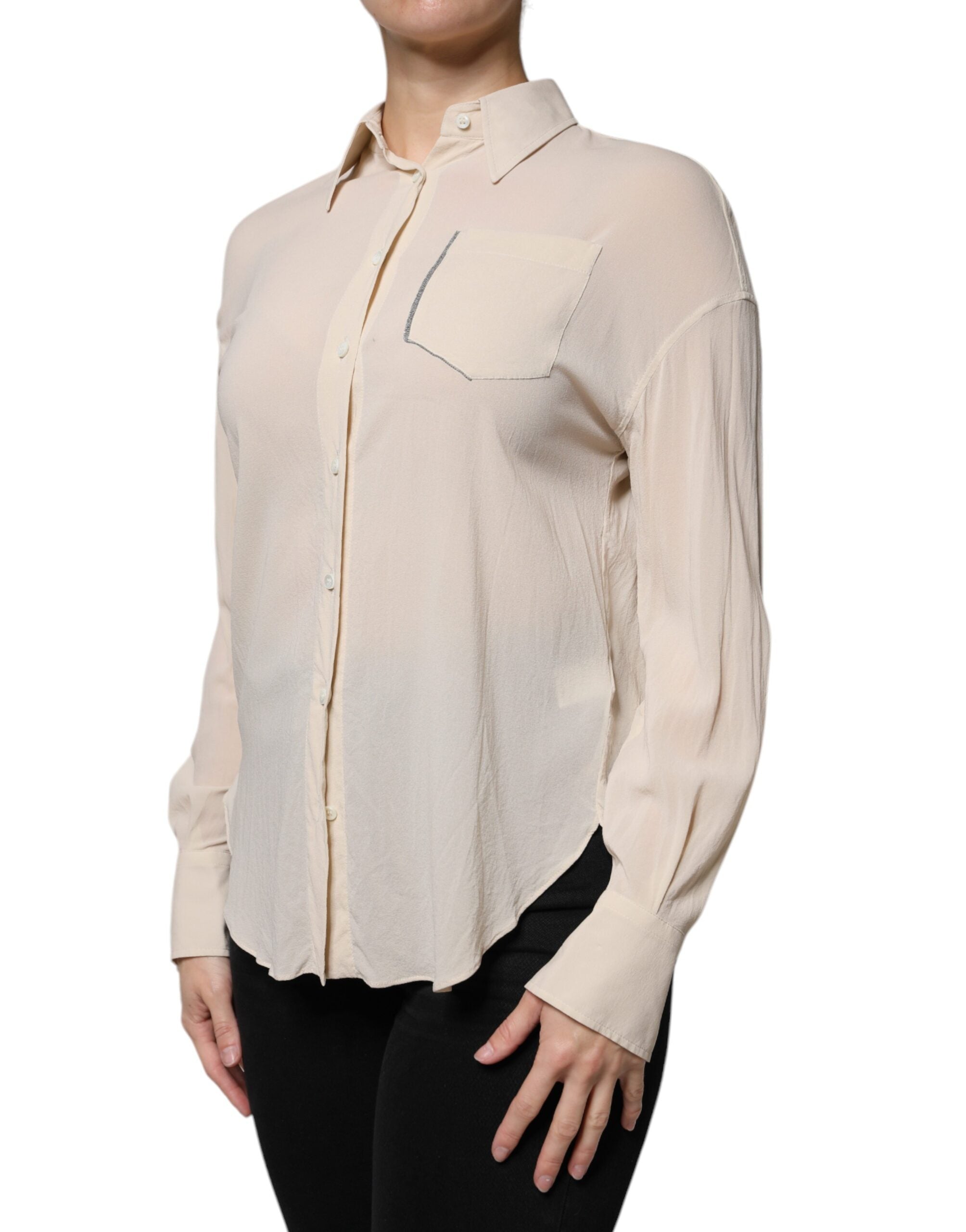 Brunello Cucinelli Beige Silk Blend Collared Button Down Women's Top (Pre-Owned)