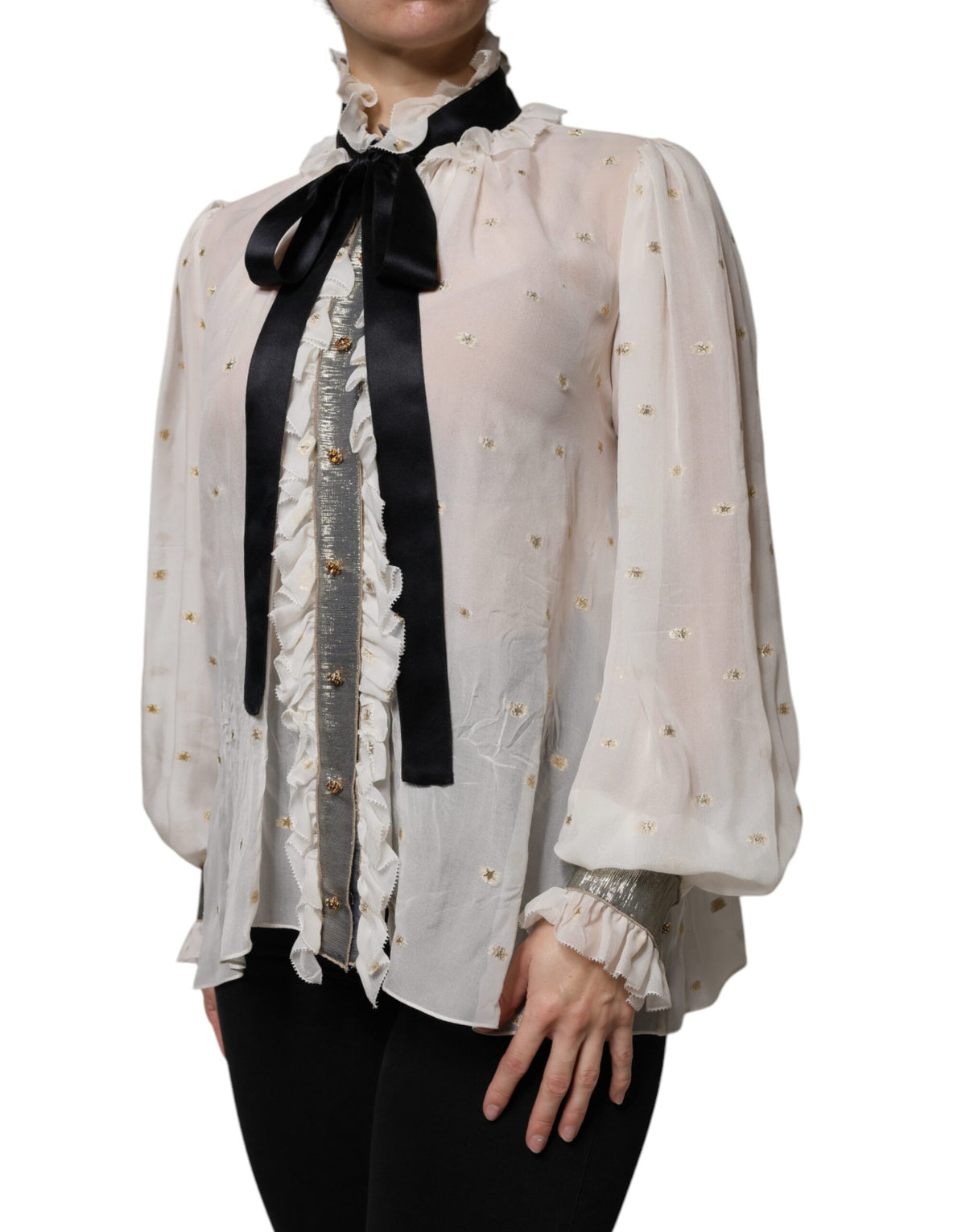 Dolce & Gabbana Off White Silk Blend Ascot Collar Blouse Women's Top (Pre-Owned)