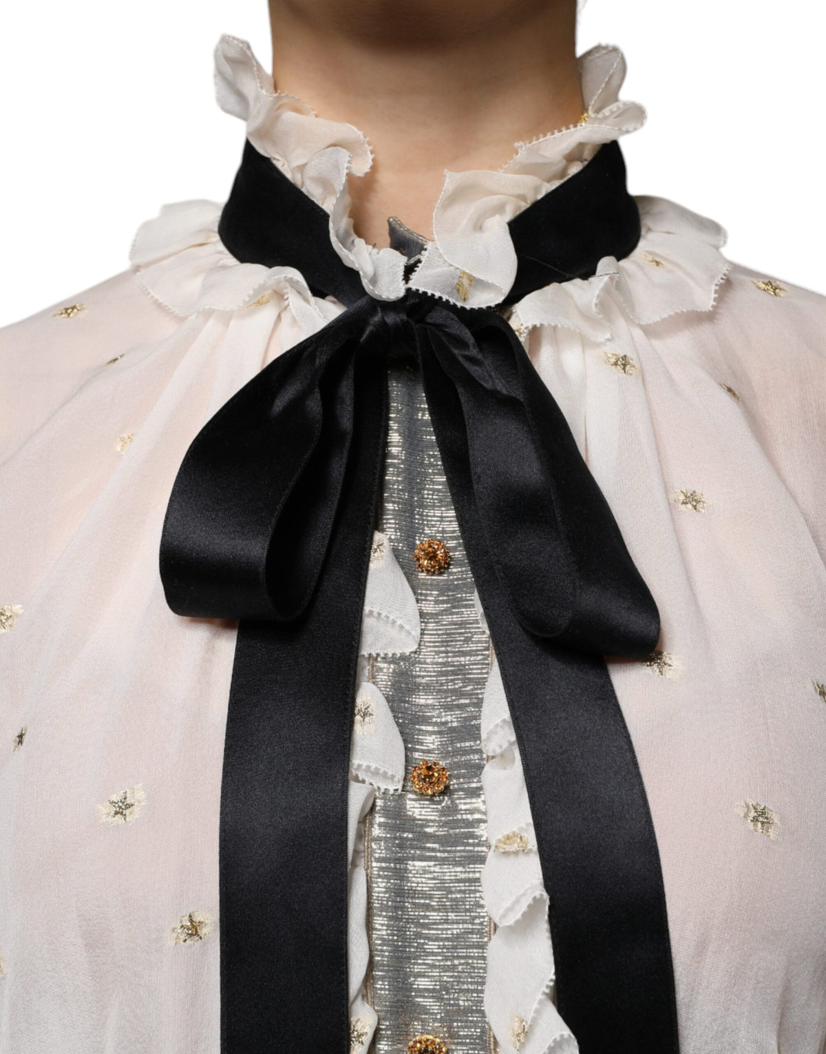 Dolce & Gabbana Off White Silk Blend Ascot Collar Blouse Women's Top (Pre-Owned)