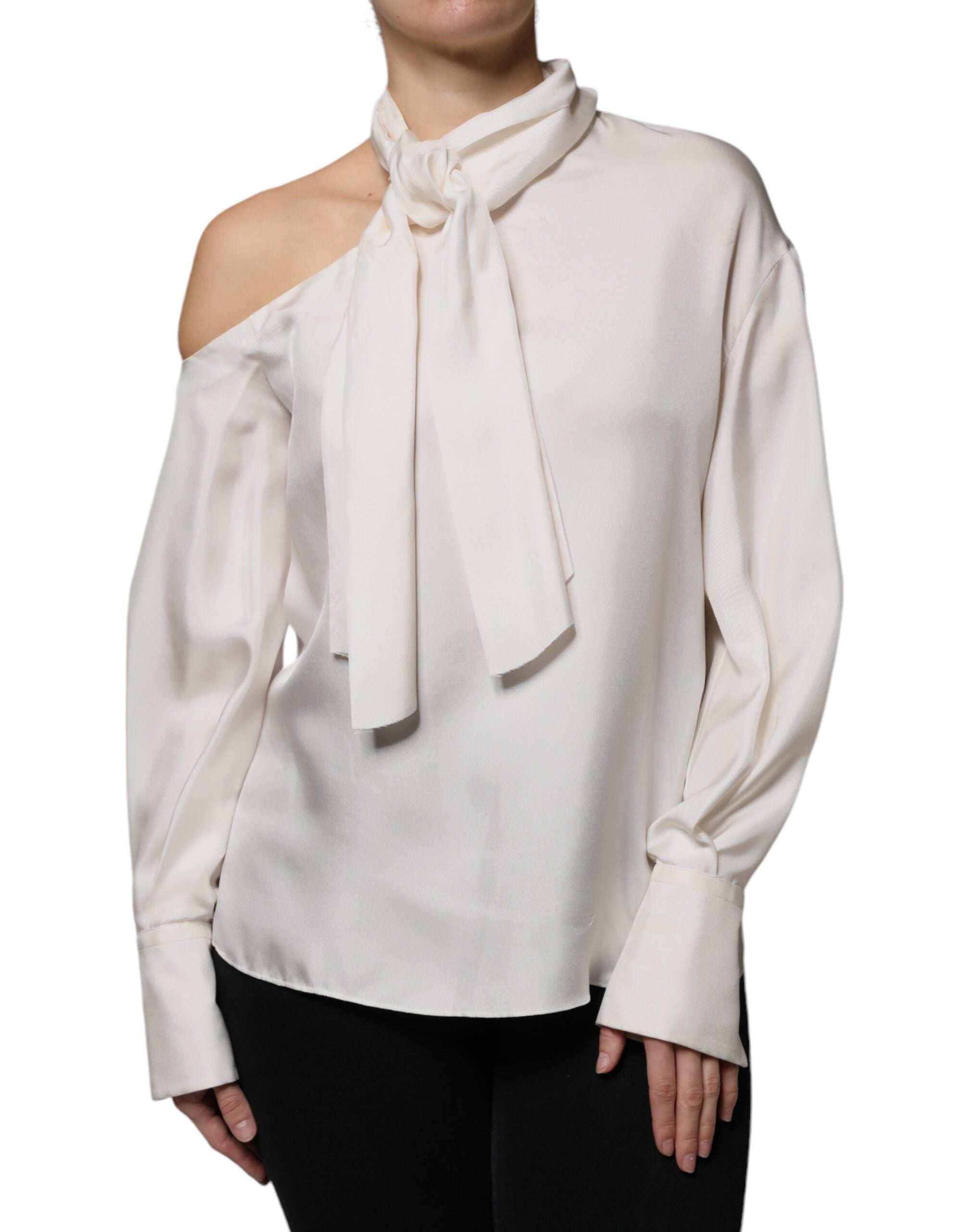 Brunello Cucinelli Beige Silk Ascot Collared Long Sleeves Women's Top (Pre-Owned)