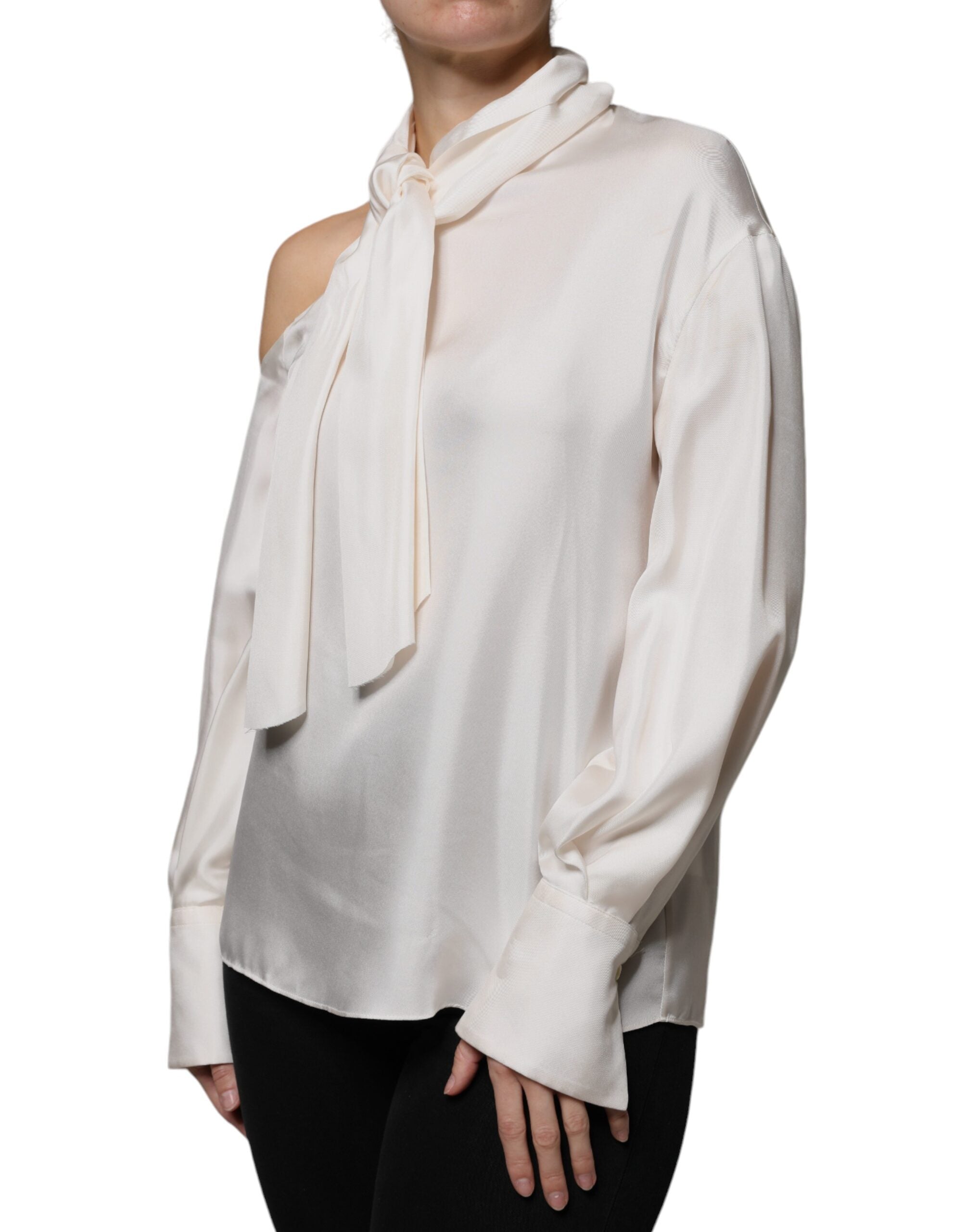 Brunello Cucinelli Beige Silk Ascot Collared Long Sleeves Women's Top (Pre-Owned)
