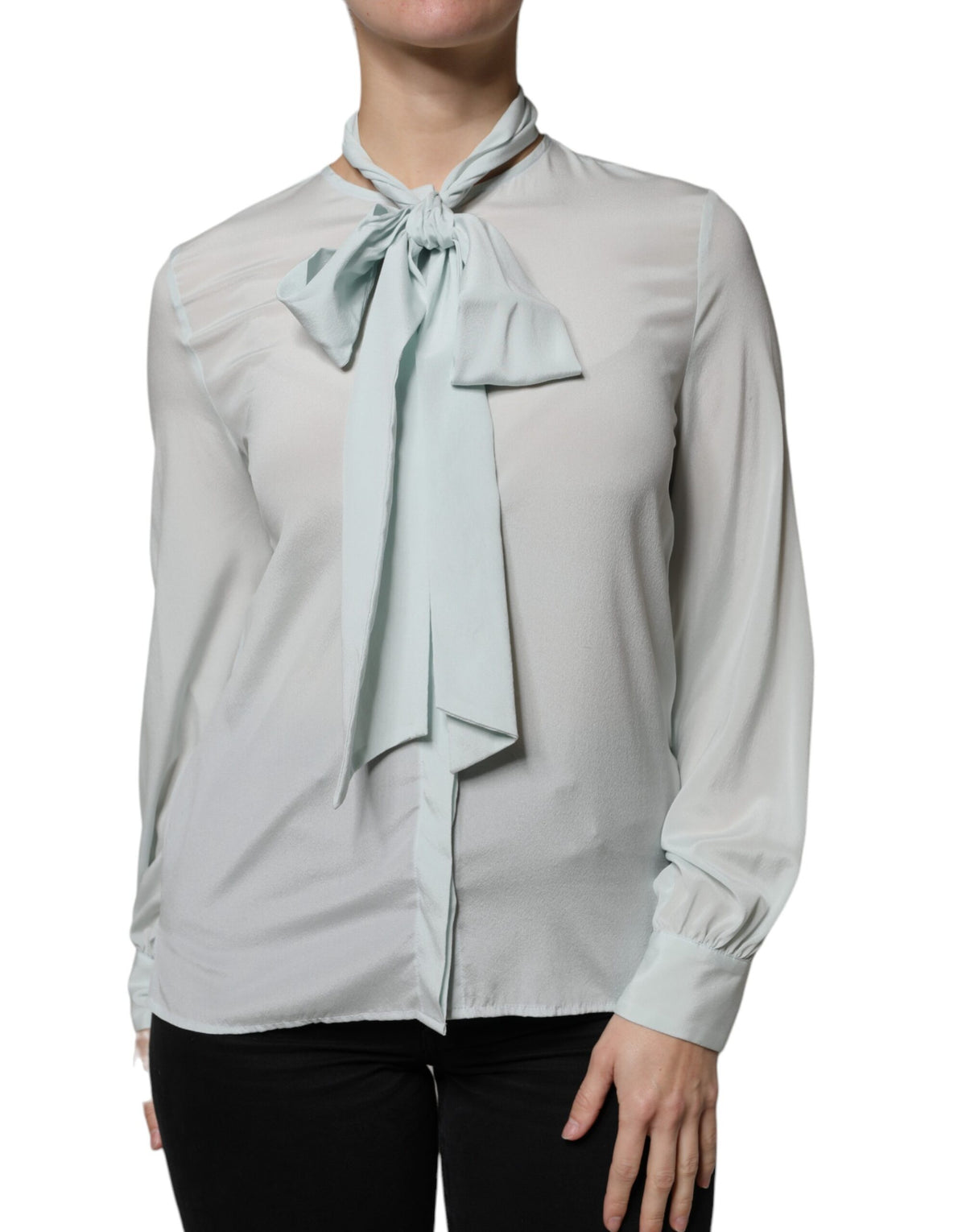 Ballantyne Light Blue Silk Ascot Collared Long Sleeves Women's Top (Pre-Owned)