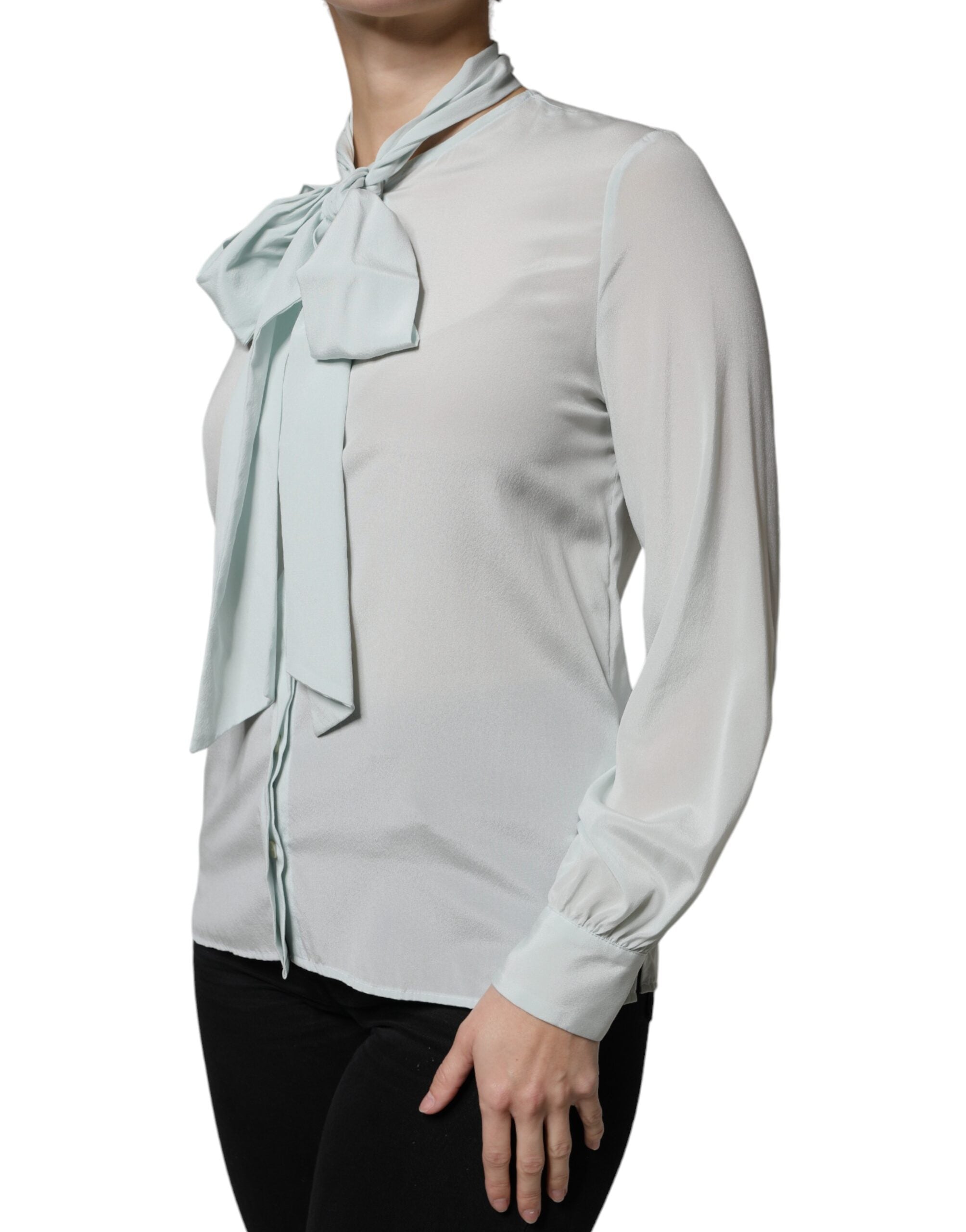 Ballantyne Light Blue Silk Ascot Collared Long Sleeves Women's Top (Pre-Owned)