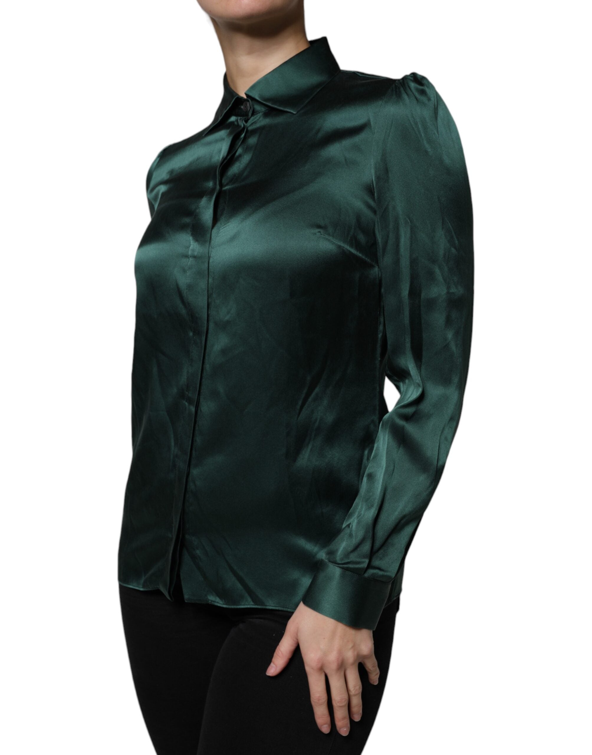 Dolce & Gabbana Dark Green Silk Button Down Long Sleeves Blouse Women's Top