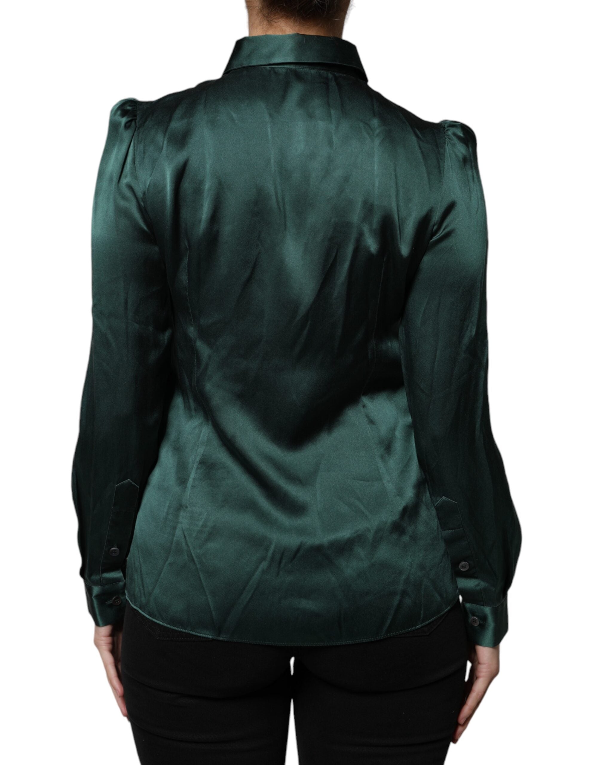 Dolce & Gabbana Dark Green Silk Button Down Long Sleeves Blouse Women's Top