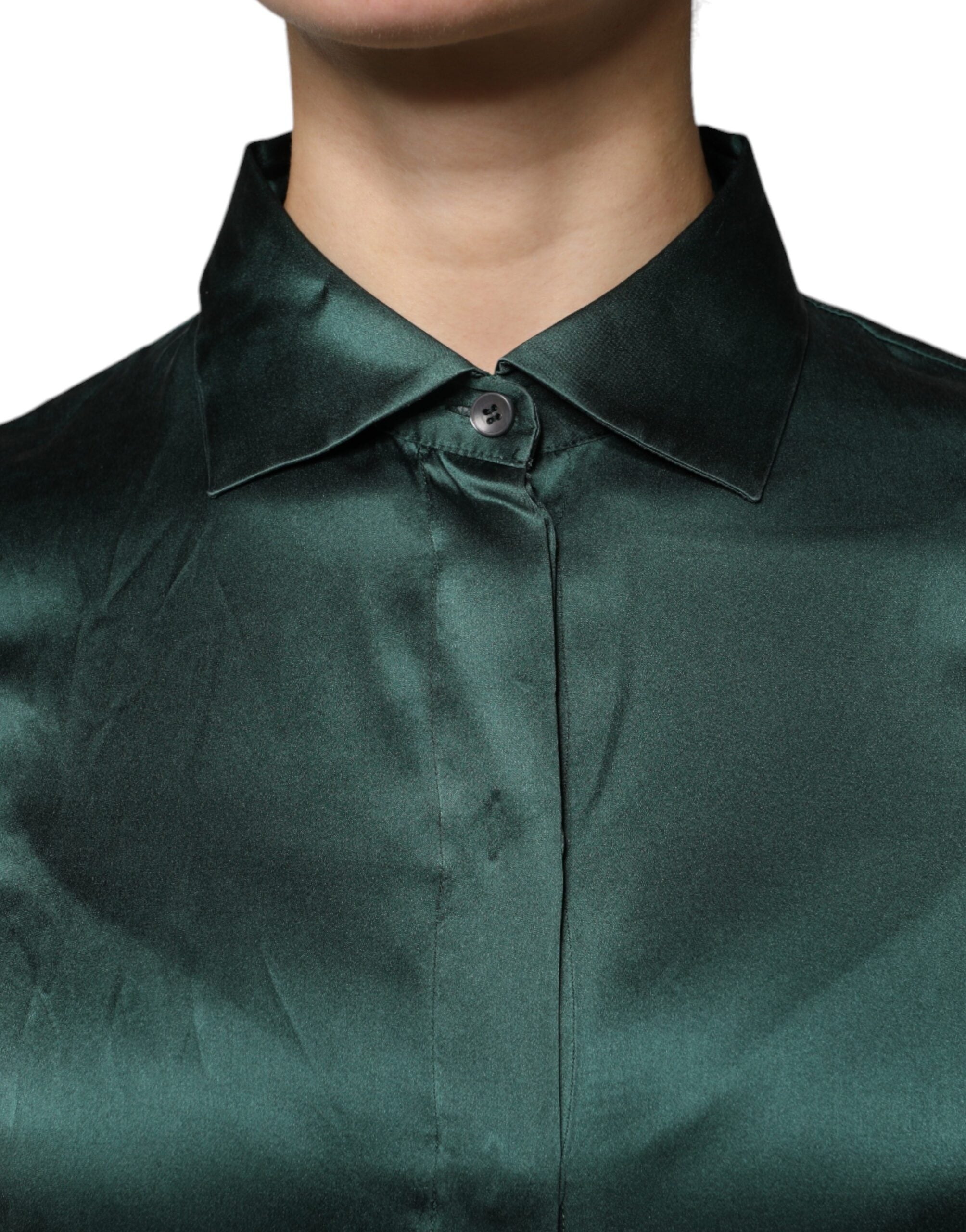 Dolce & Gabbana Dark Green Silk Button Down Long Sleeves Blouse Women's Top