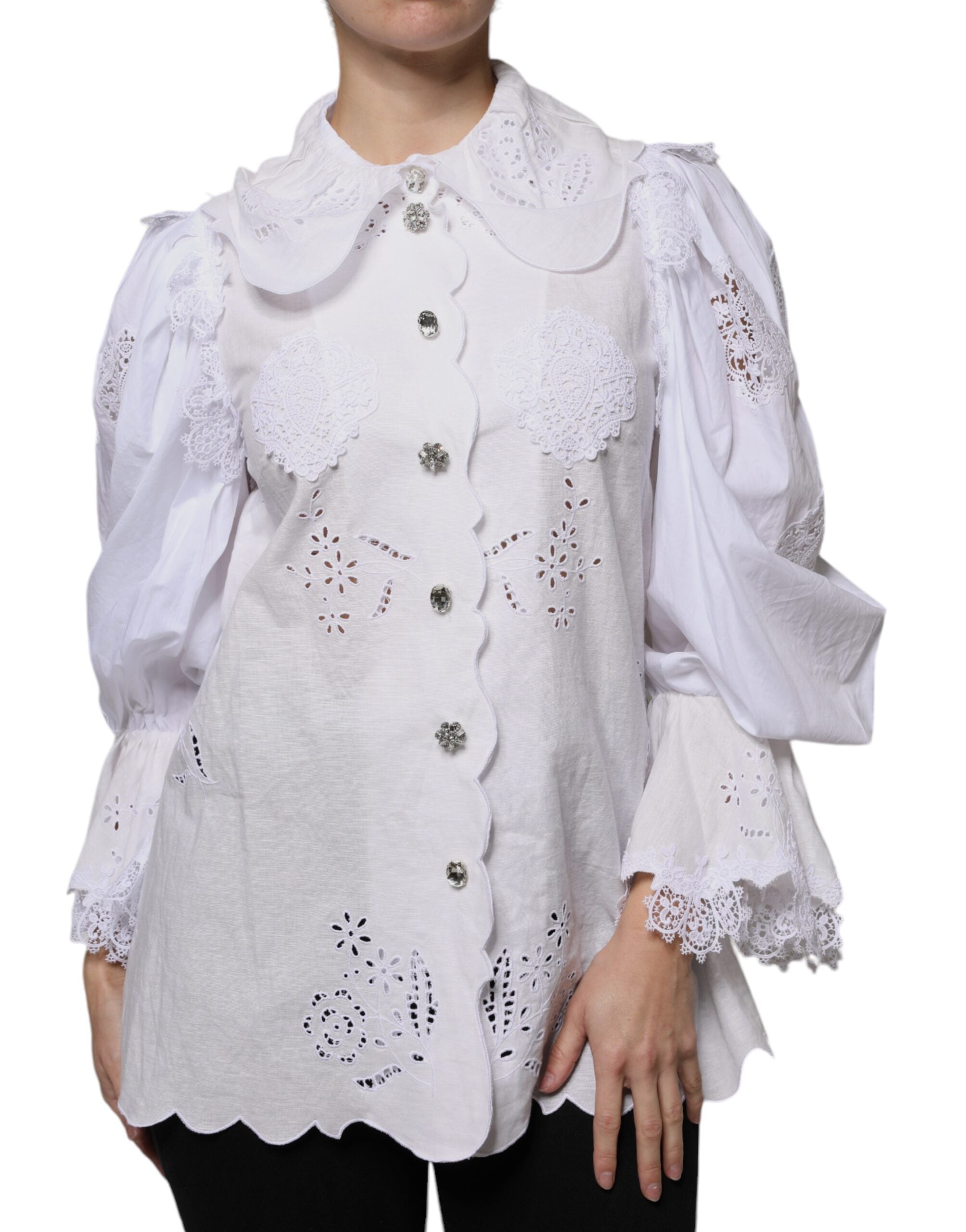 Dolce & Gabbana White Cotton Lace Trim Collared Blouse Women's Top (Pre-Owned)