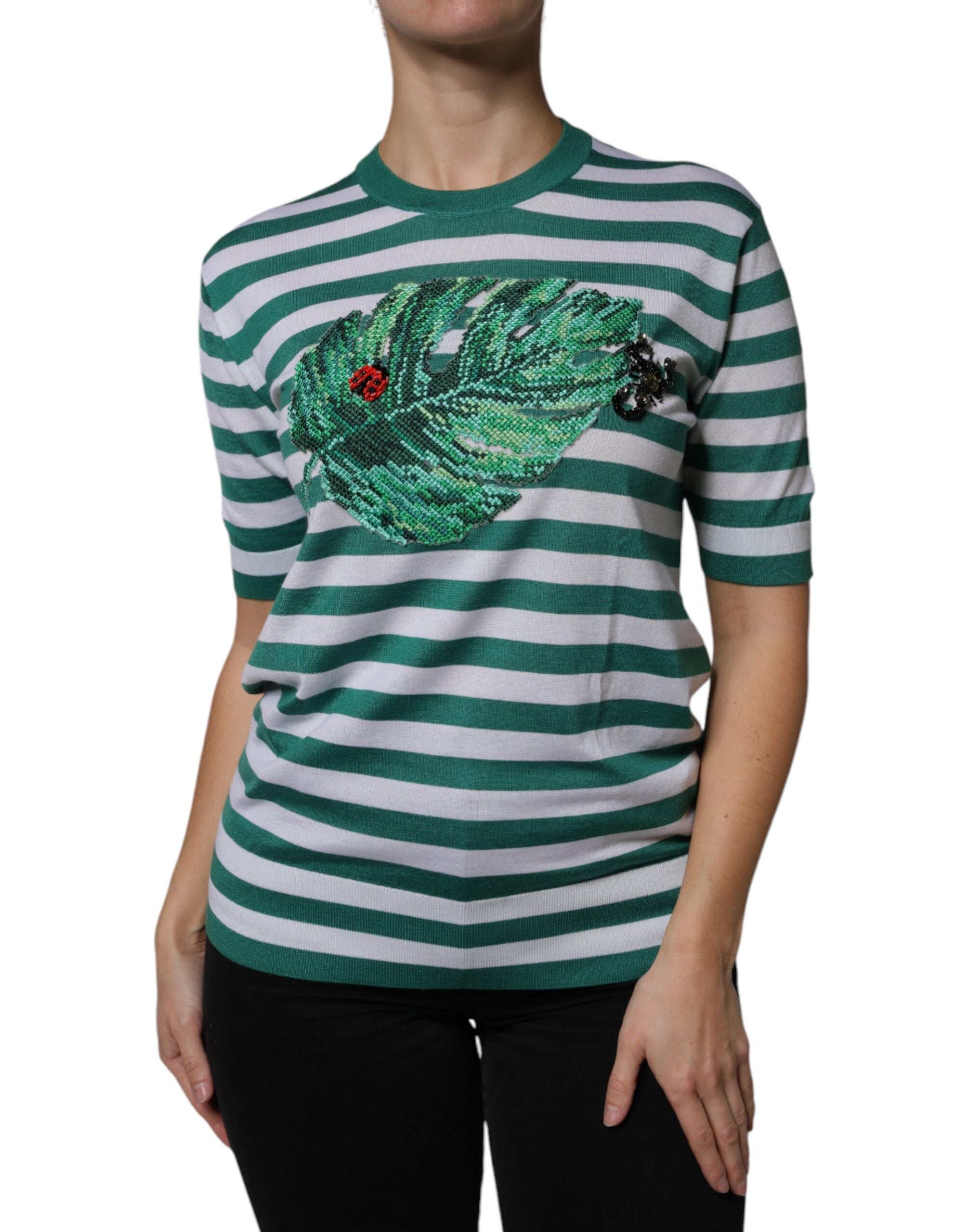 Dolce & Gabbana White Green Stripe Leaf Crew Neck Women's T-shirt