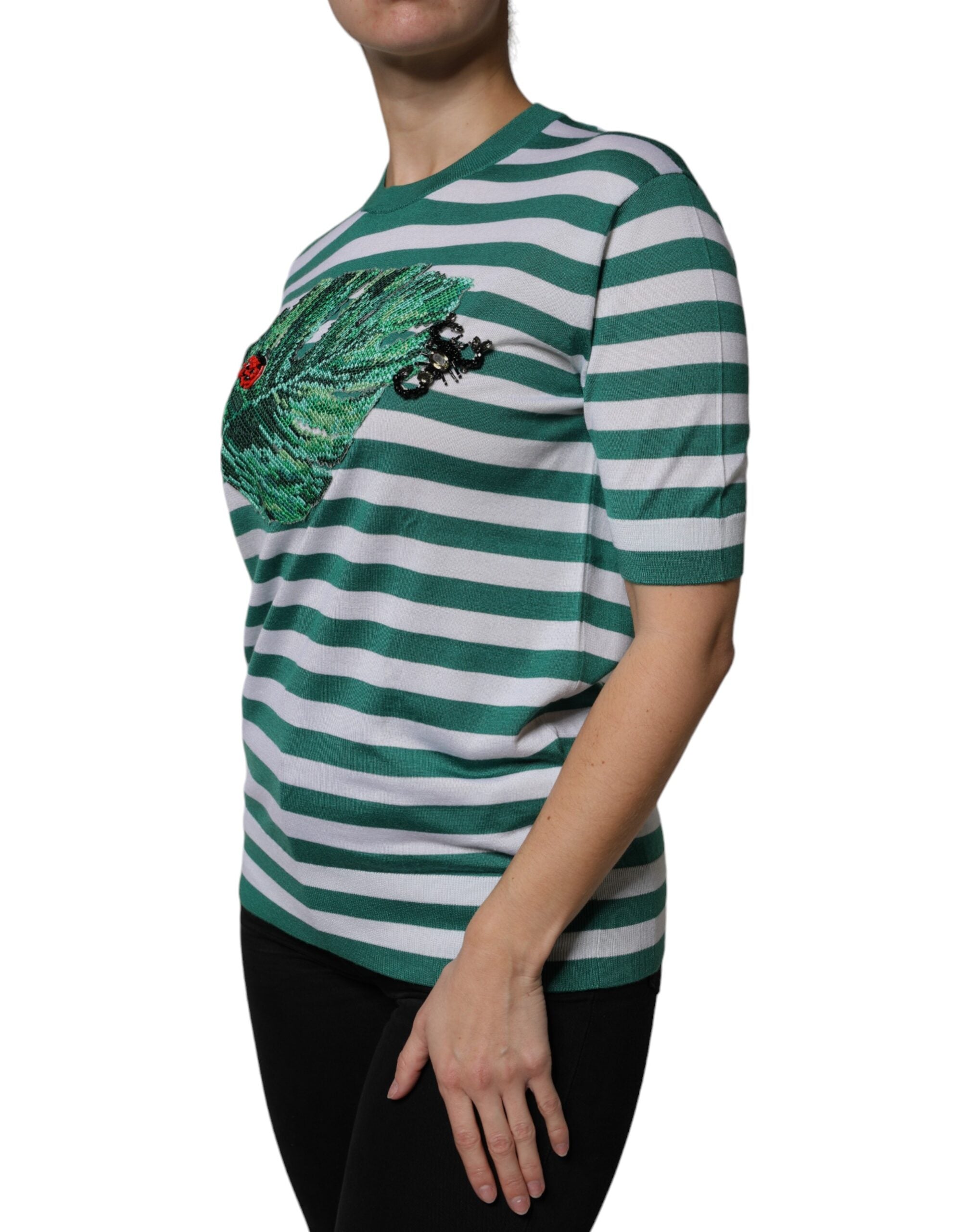 Dolce & Gabbana White Green Stripe Leaf Crew Neck Women's T-shirt