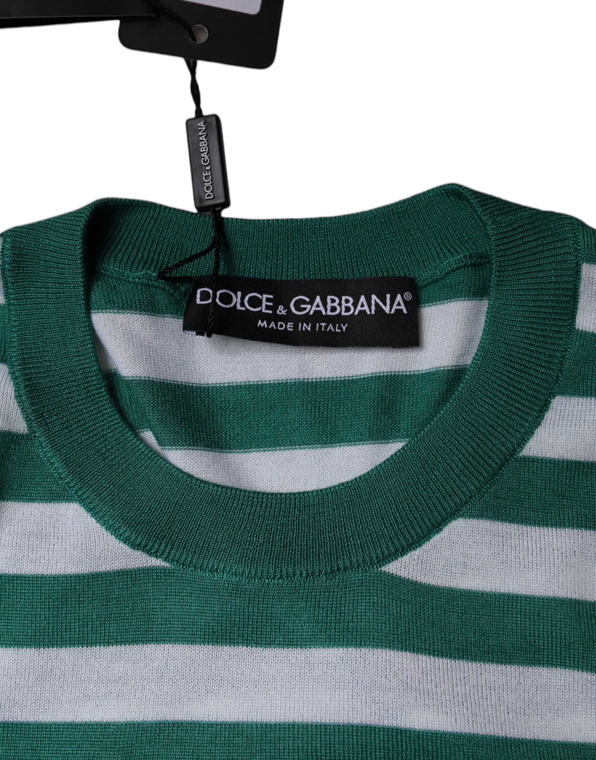 Dolce & Gabbana White Green Stripe Leaf Crew Neck Women's T-shirt