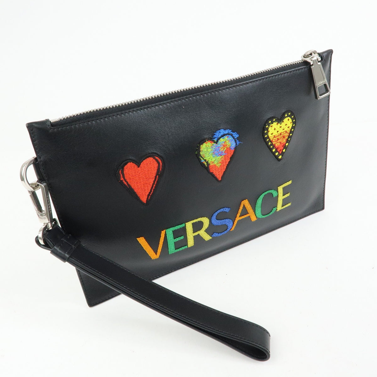 Versace Wristlet Printed Leather Black Leather Clutche & Pouche Bag (Pre-Owned)
