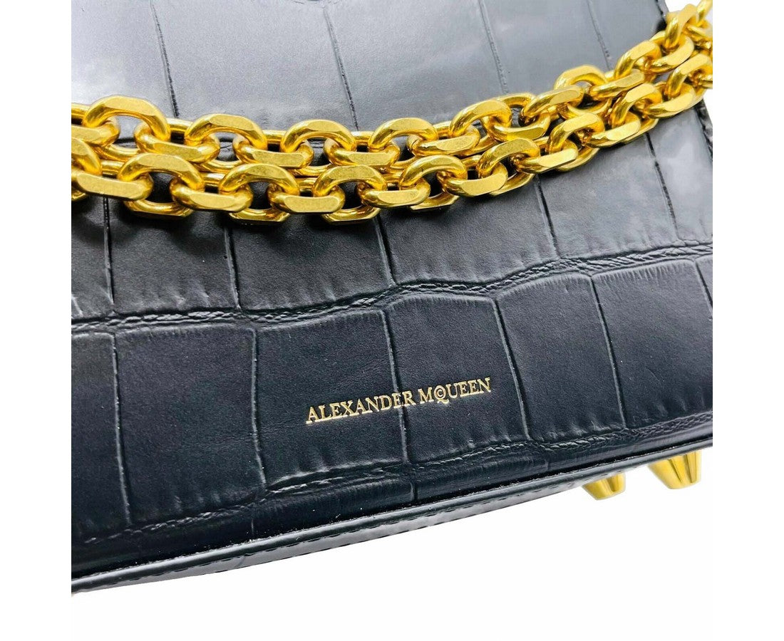 Alexander McQueen Women's Black Crocodile Embossed Leather Box 16 Crossbody Bag 479767 DZT0M 1000