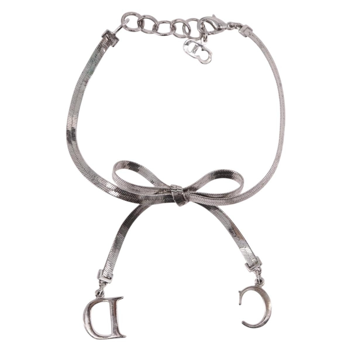 Christian Dior Vintage Ribbon Bow Snake Chain Metal Silver Metal Bracelet Jewelry (Pre-Owned)