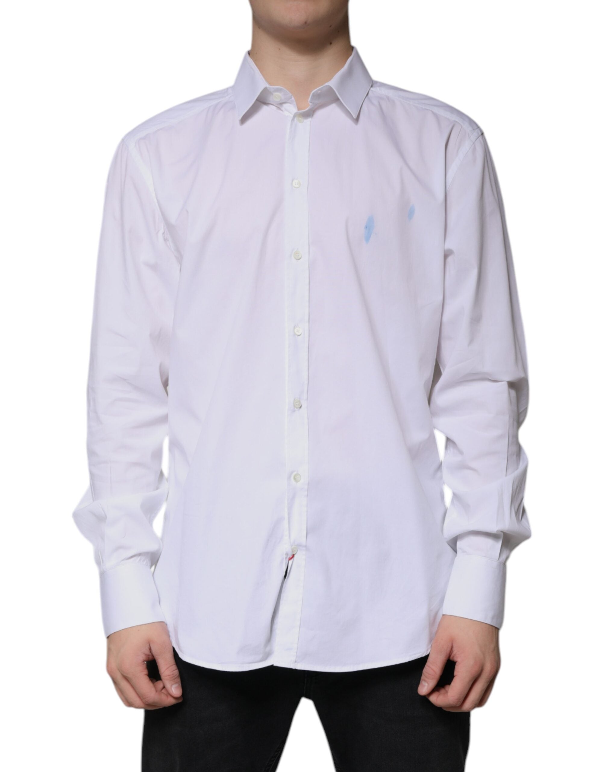 Dolce & Gabbana White Cotton Long Sleeve GOLD Dress Men's Shirt (Pre-Owned)