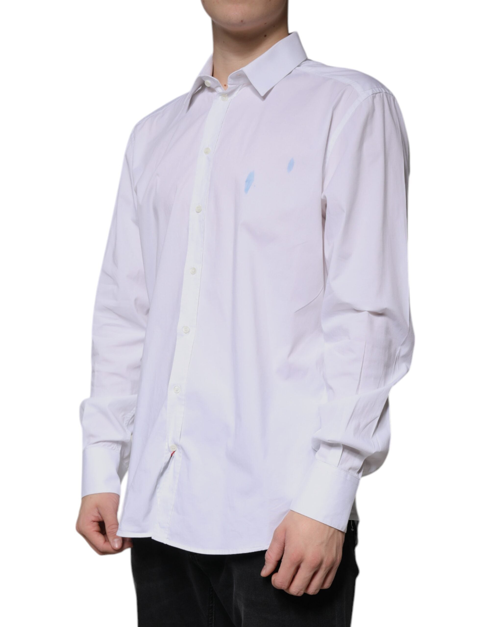 Dolce & Gabbana White Cotton Long Sleeve GOLD Dress Men's Shirt (Pre-Owned)