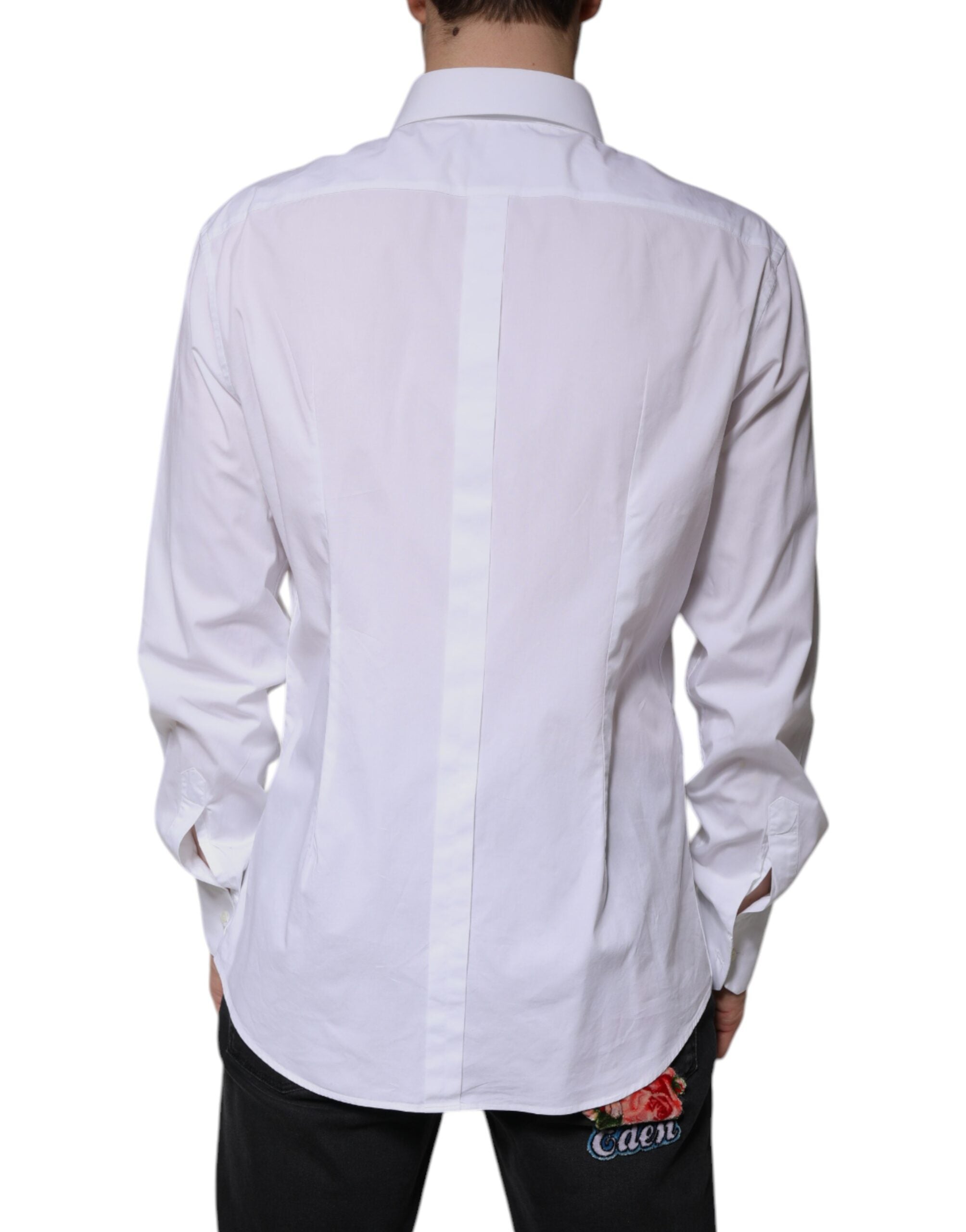 Dolce & Gabbana White Cotton Long Sleeve GOLD Dress Men's Shirt (Pre-Owned)
