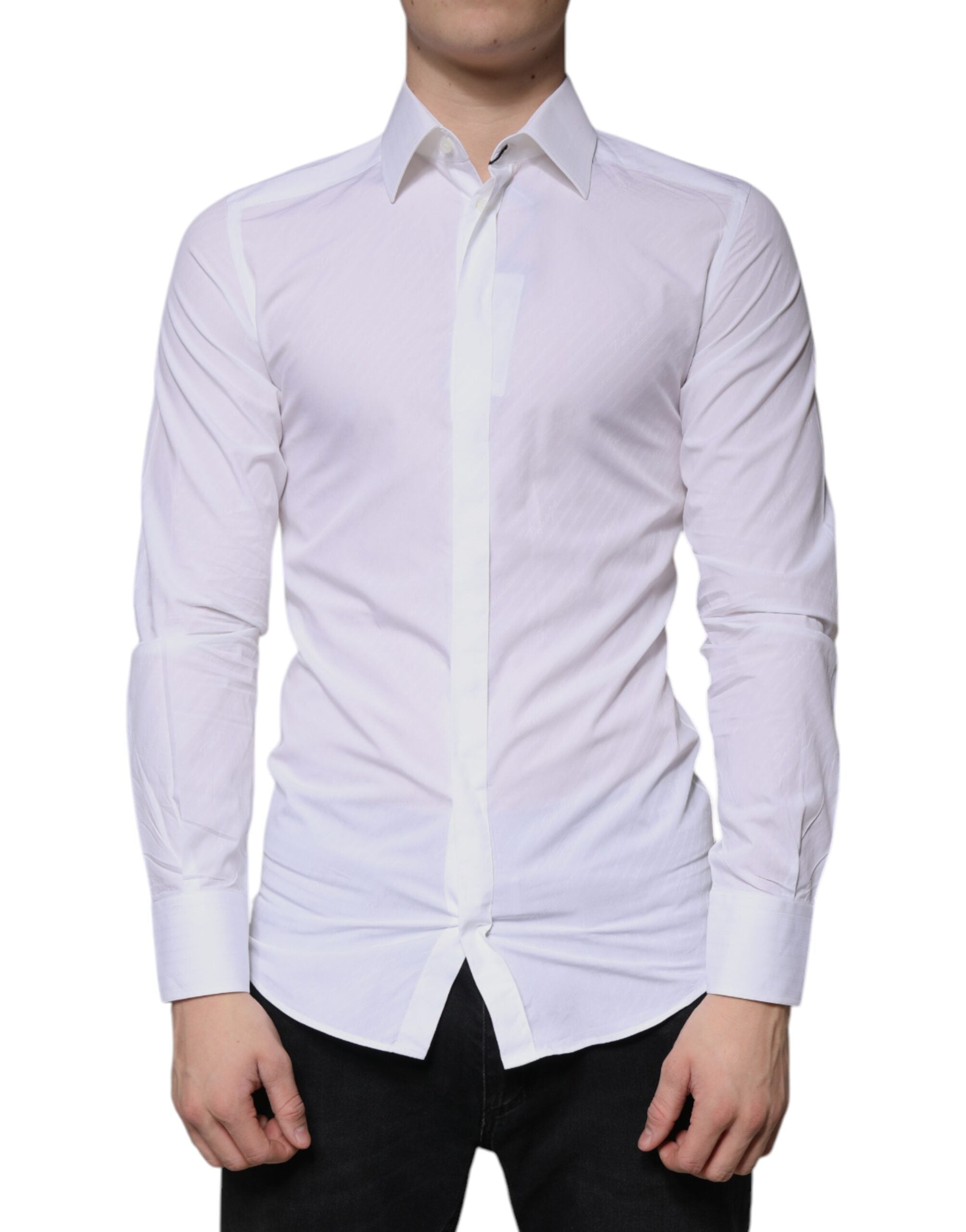 Dolce & Gabbana White Cotton Long Sleeve GOLD Dress Men's Shirt (Pre-Owned)