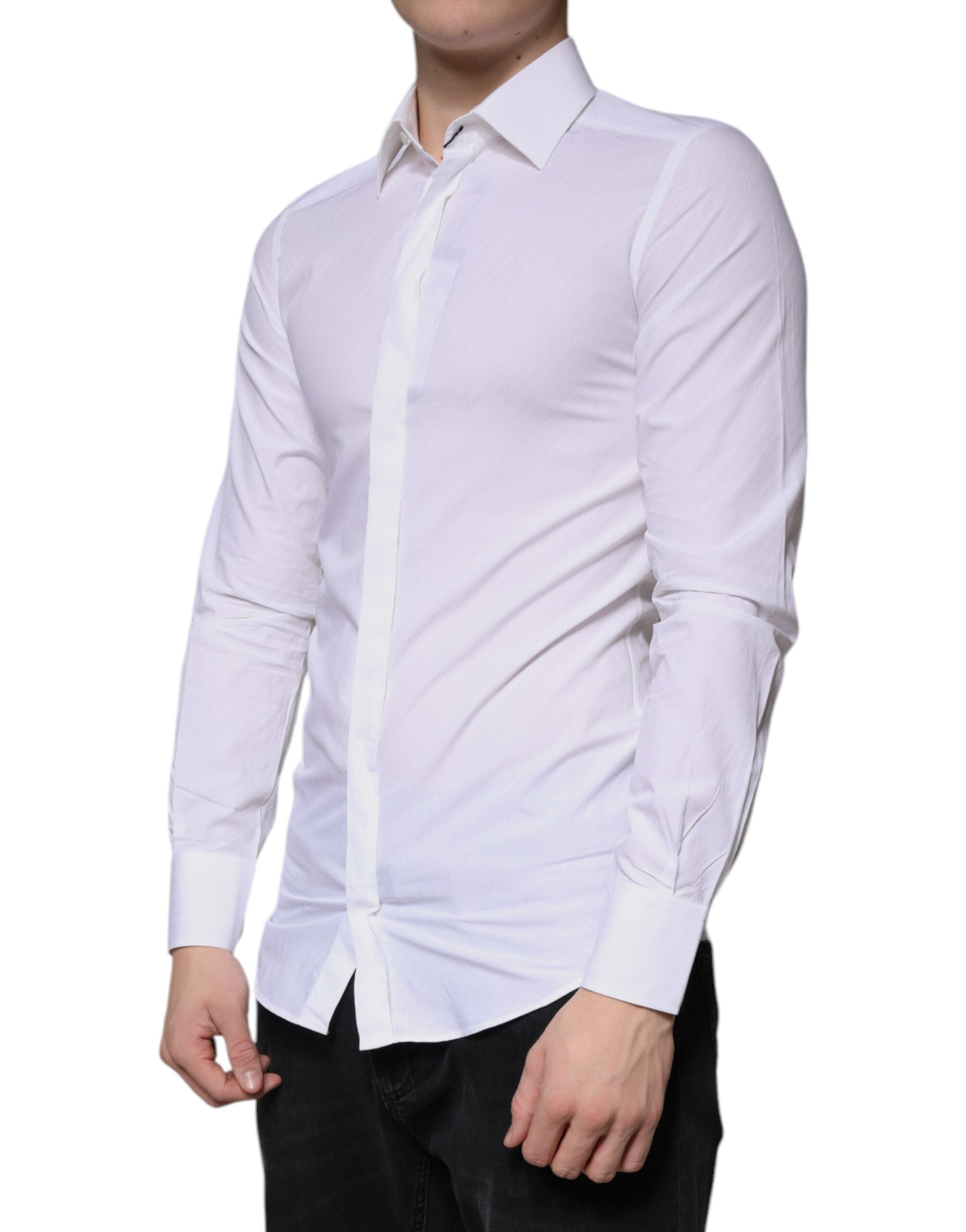 Dolce & Gabbana White Cotton Long Sleeve GOLD Dress Men's Shirt (Pre-Owned)