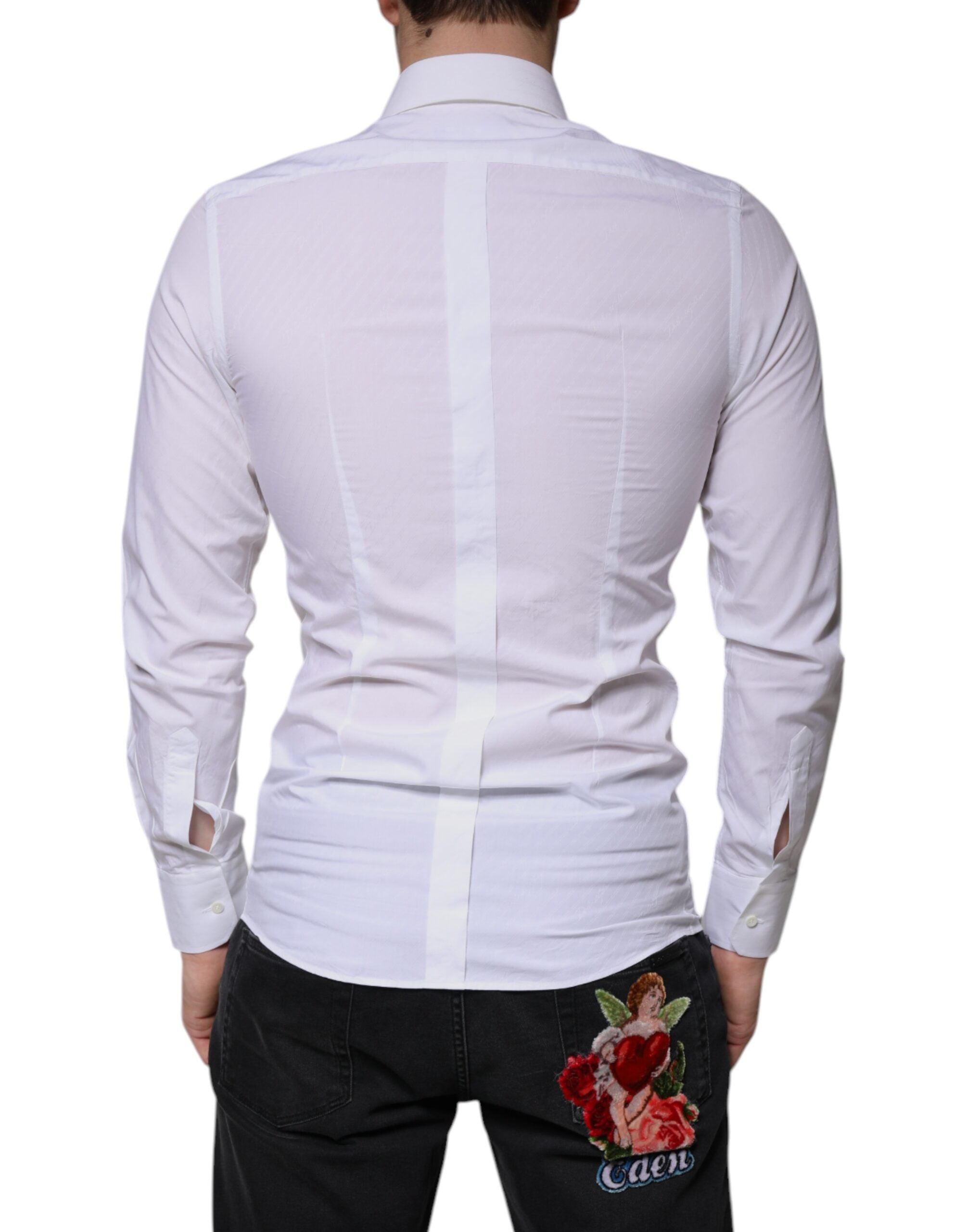 Dolce & Gabbana White Cotton Long Sleeve GOLD Dress Men's Shirt (Pre-Owned)