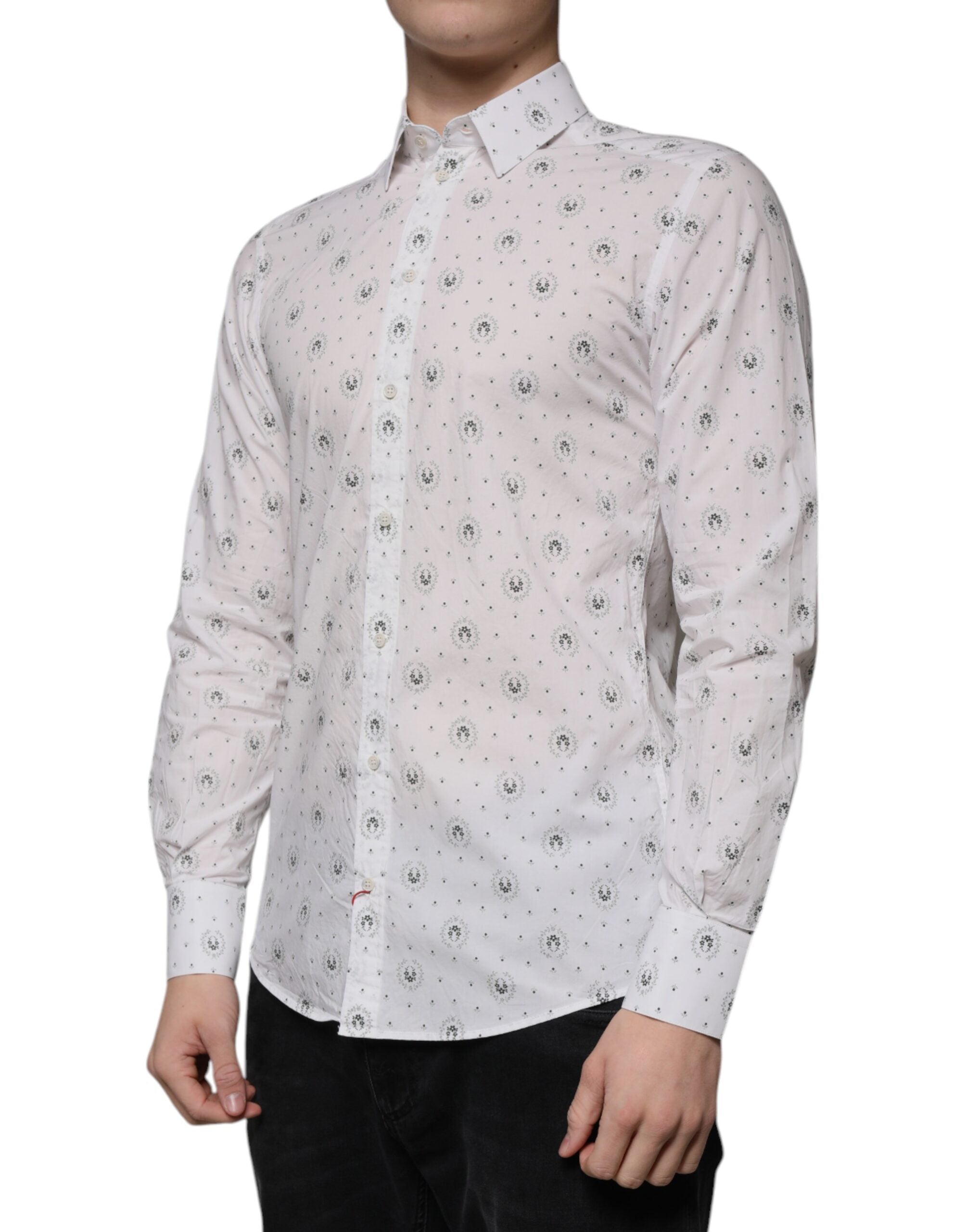 Dolce & Gabbana White Printed Cotton Slim Fit Men Dress Men's Shirt (Pre-Owned)