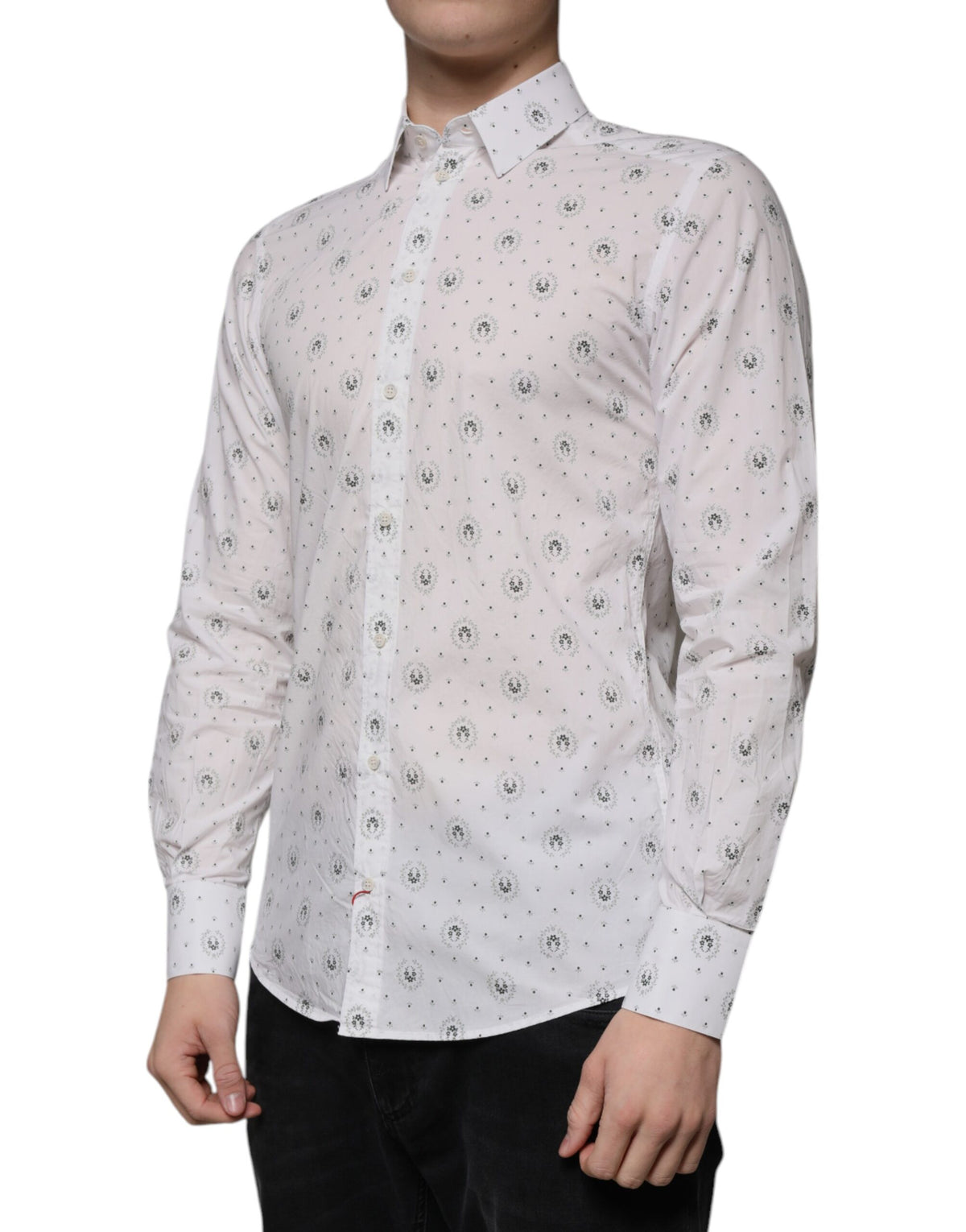 Dolce & Gabbana White Printed Cotton Slim Fit Men Dress Men's Shirt (Pre-Owned)