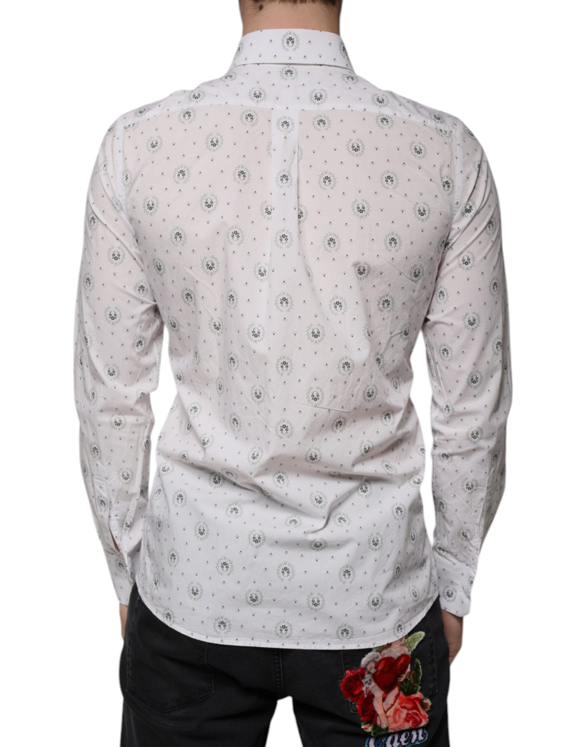 Dolce & Gabbana White Printed Cotton Slim Fit Men Dress Men's Shirt (Pre-Owned)