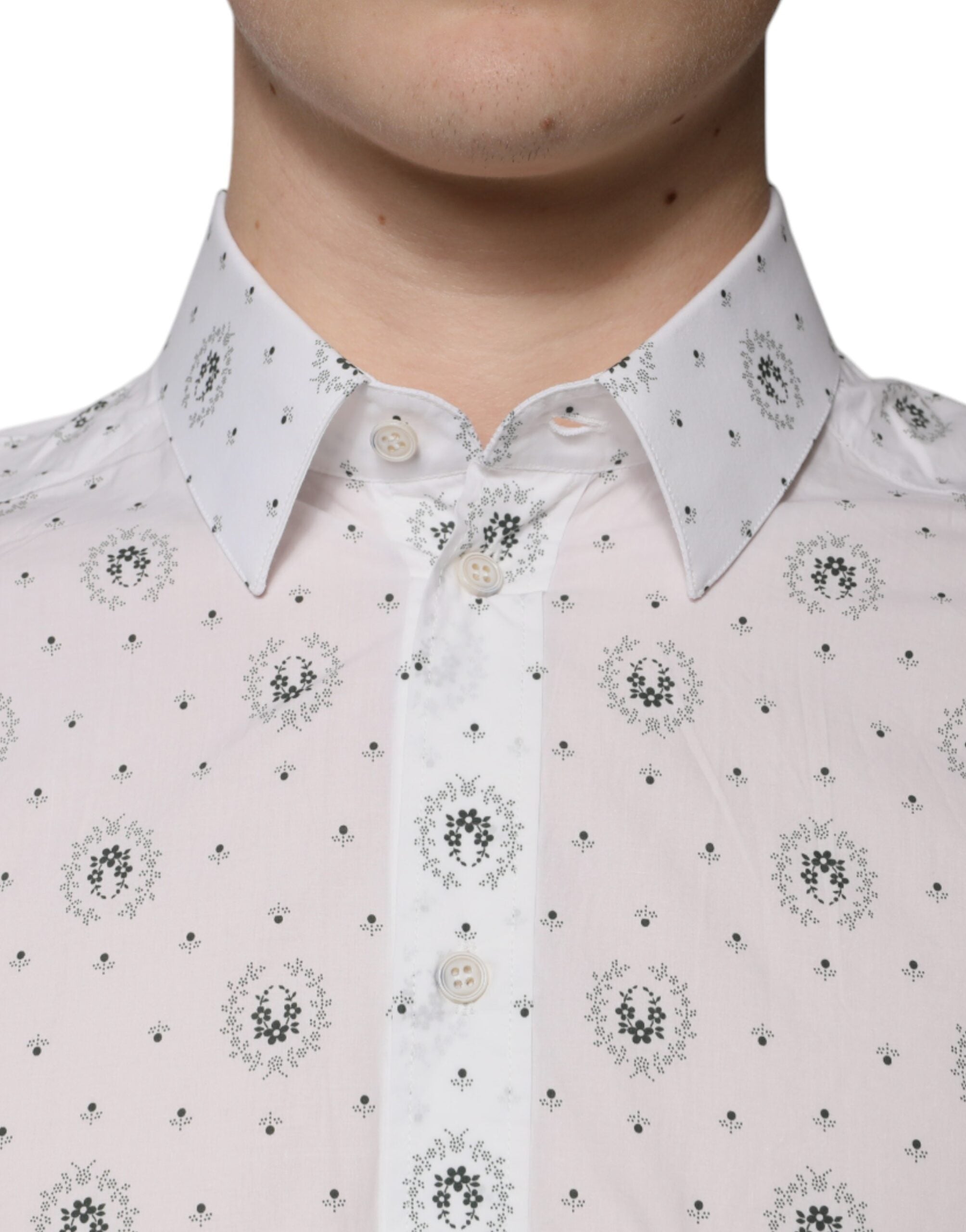 Dolce & Gabbana White Printed Cotton Slim Fit Men Dress Men's Shirt (Pre-Owned)