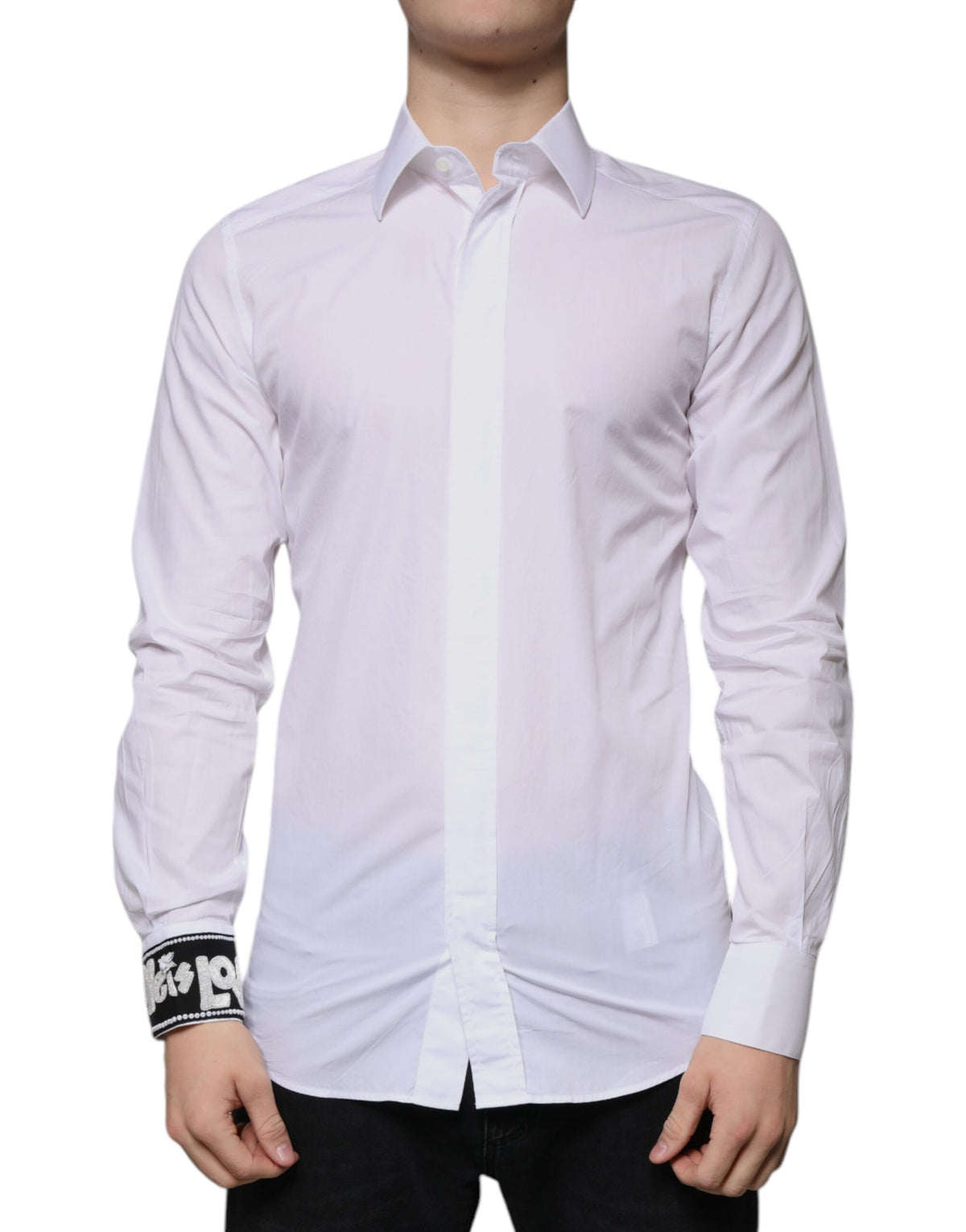 Dolce & Gabbana White Cotton Slim Fit GOLD Men Dress Men's Shirt (Pre-Owned)